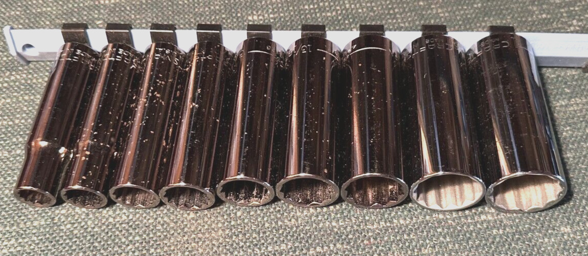 RARE 9 PIECE CRAFTSMAN 1/2 INCH DRIVE DEEP SAE SOCKET SET 12 PT RUST SPOTS
