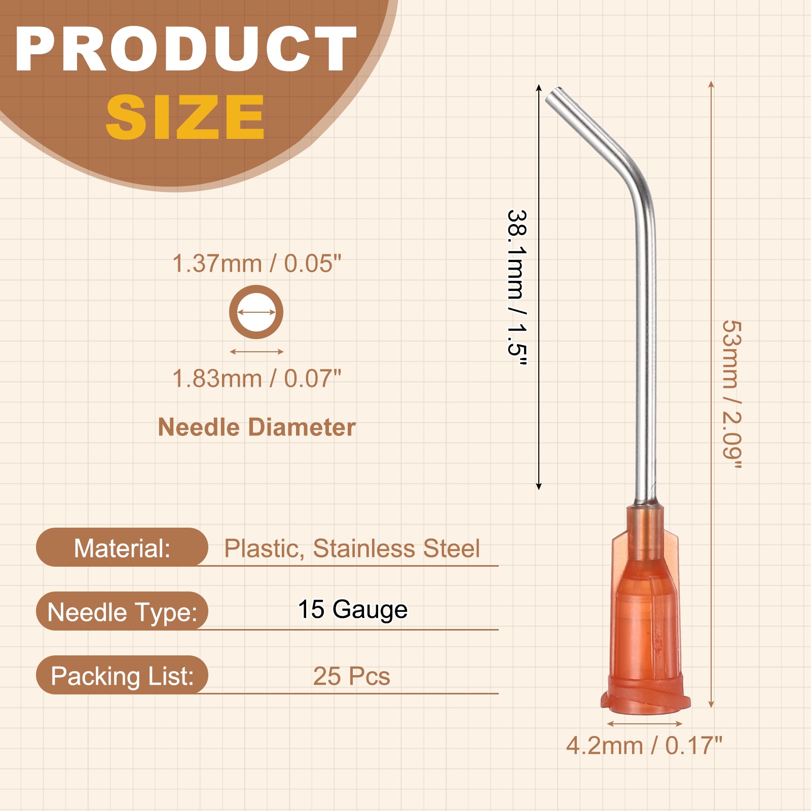 25Pcs 1.5Inch 15Ga 45° Angled Dispensing Needles, Brown