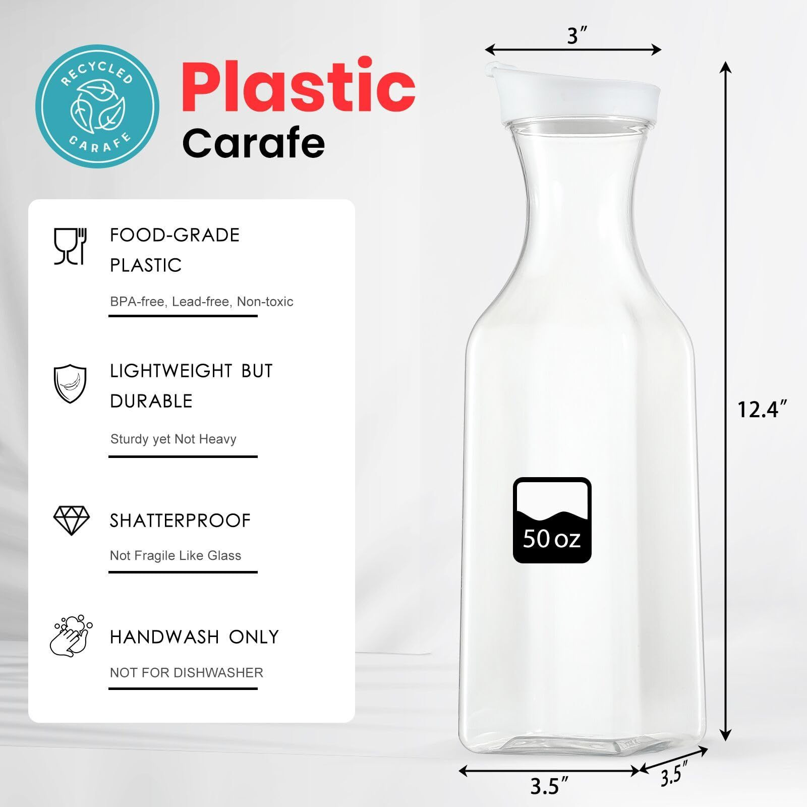 NETANY Plastic 50 Oz Water Carafe with Flip Top Lid, Set of 2 2 PACK, Clear