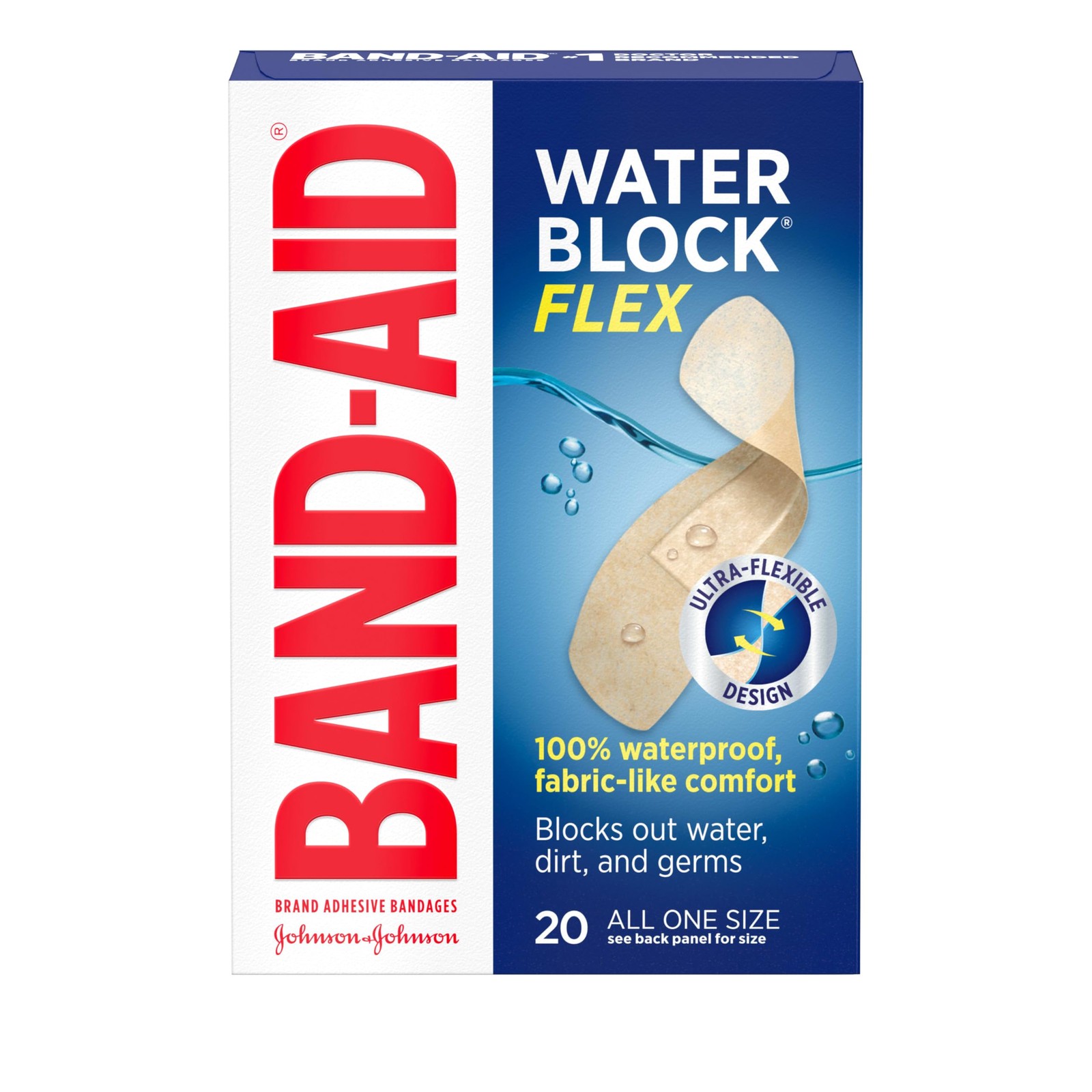 BAND-AID Brand Water Block Flex 100% Waterproof 20 Count (Pack of 1), Nude