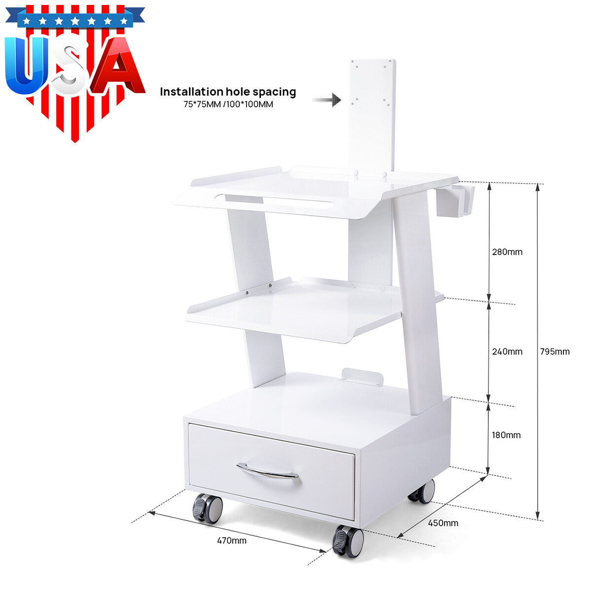AZDENT Dental Mobile Cabinet Cart with Drawers /Tool Cart Trolley with Sockets