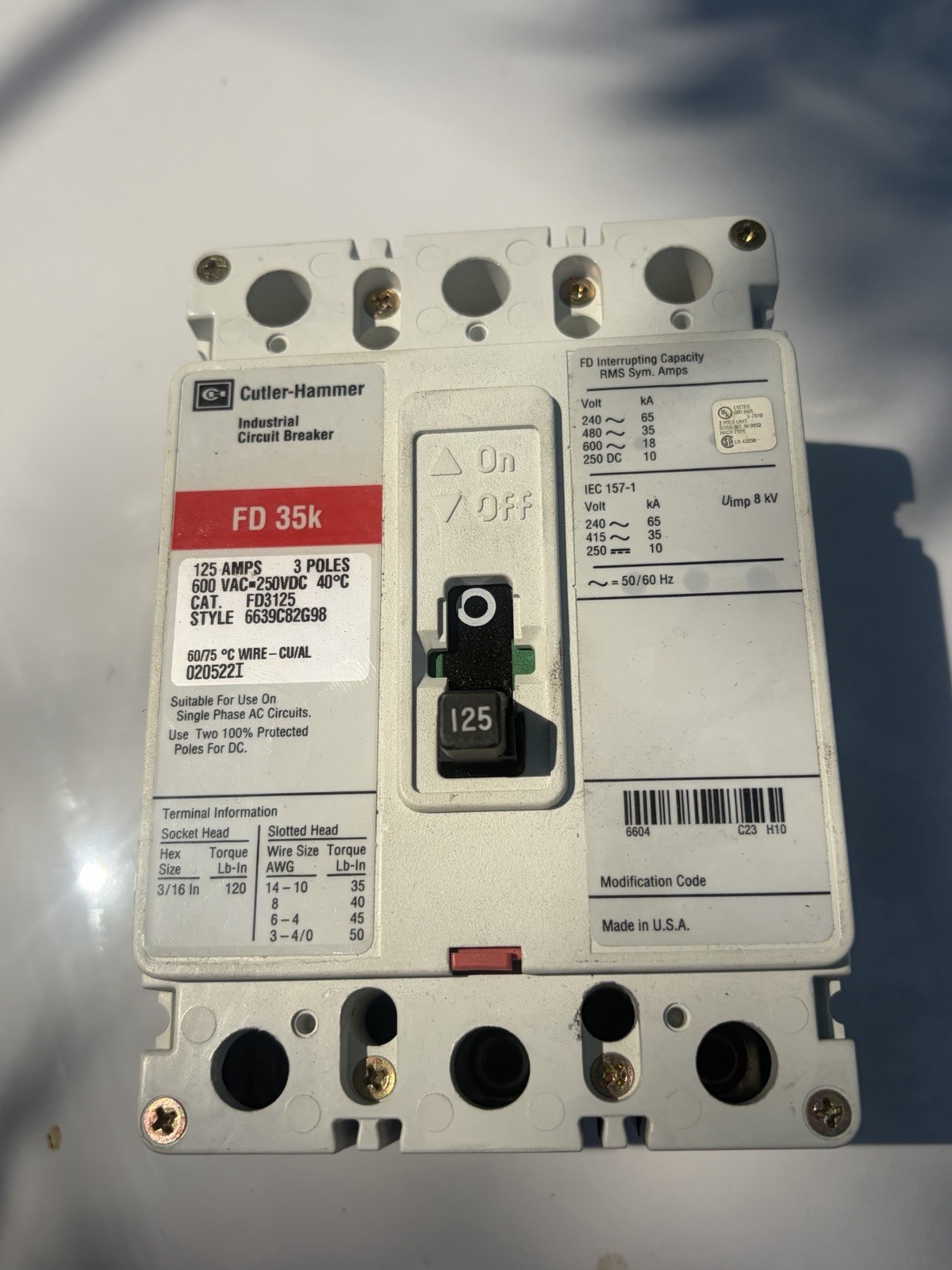 Eaton FD3125 600V 125A 3-Poles Molded Case Circuit Breaker FD 35k
