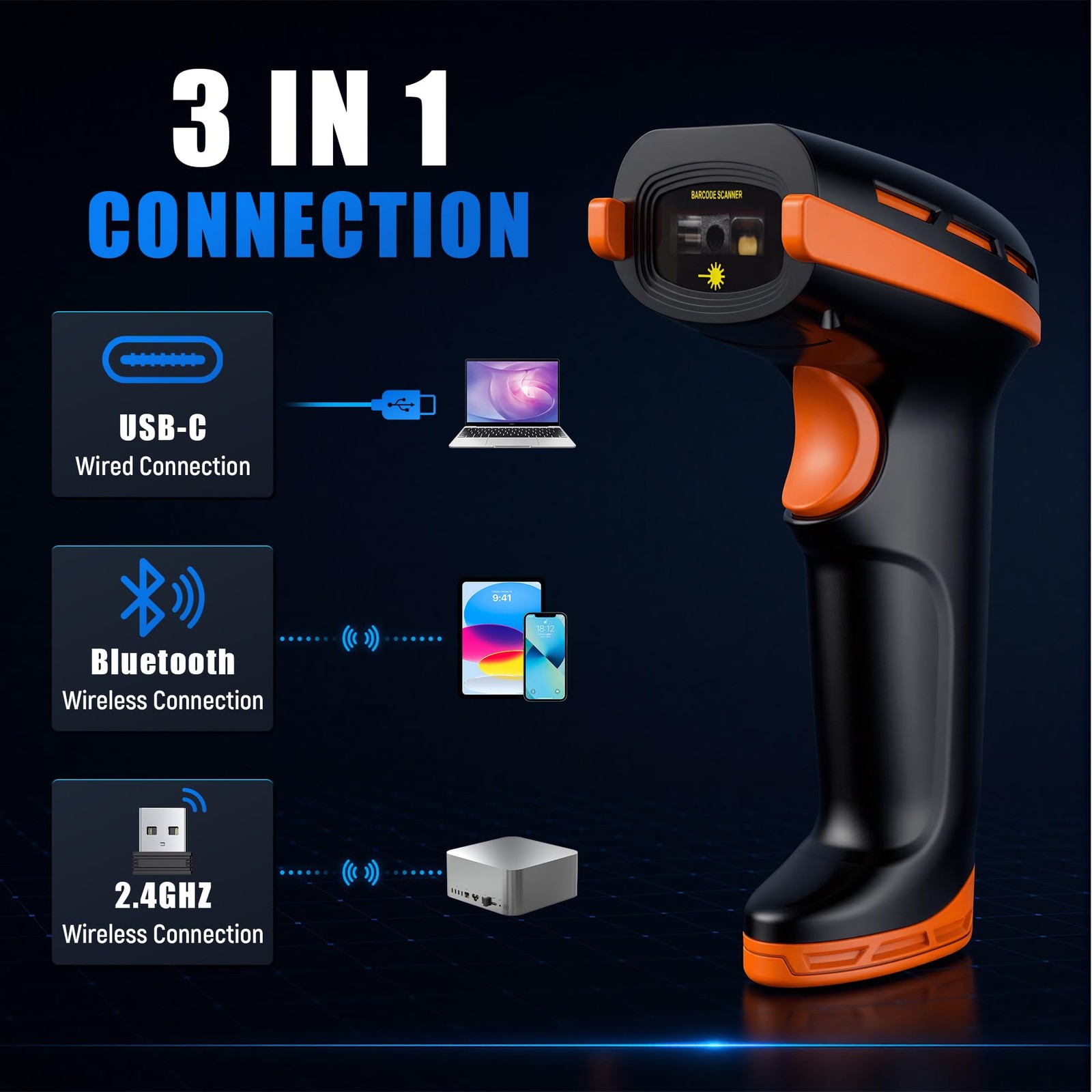 Tera Barcode Scanner Wireless with Stand: 1D 2D QR with Power Switch, D6100