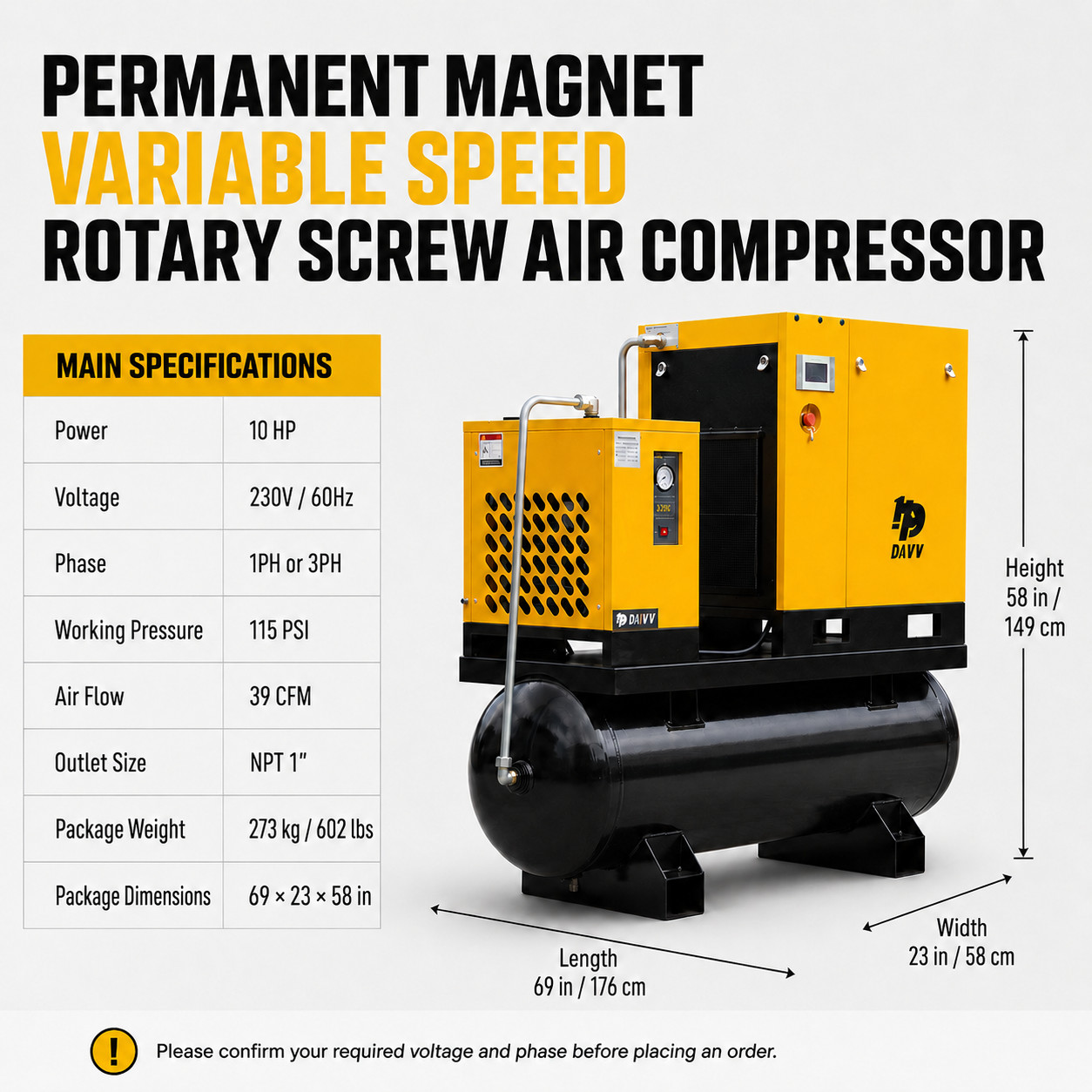 10HP 39CFM @125PSI 1Ph/3Ph 230V ASME 80 Gal Rotary Screw Air Compressor w/ Dryer
