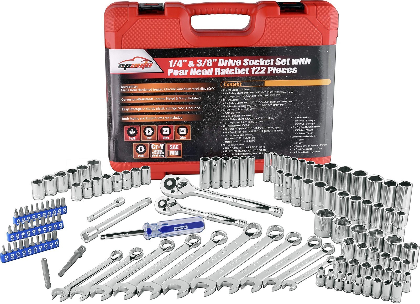 EPAuto 122 Pcs Mechanics Tool Set SAE Metric Socket Wrench Ratchet Repair Kit