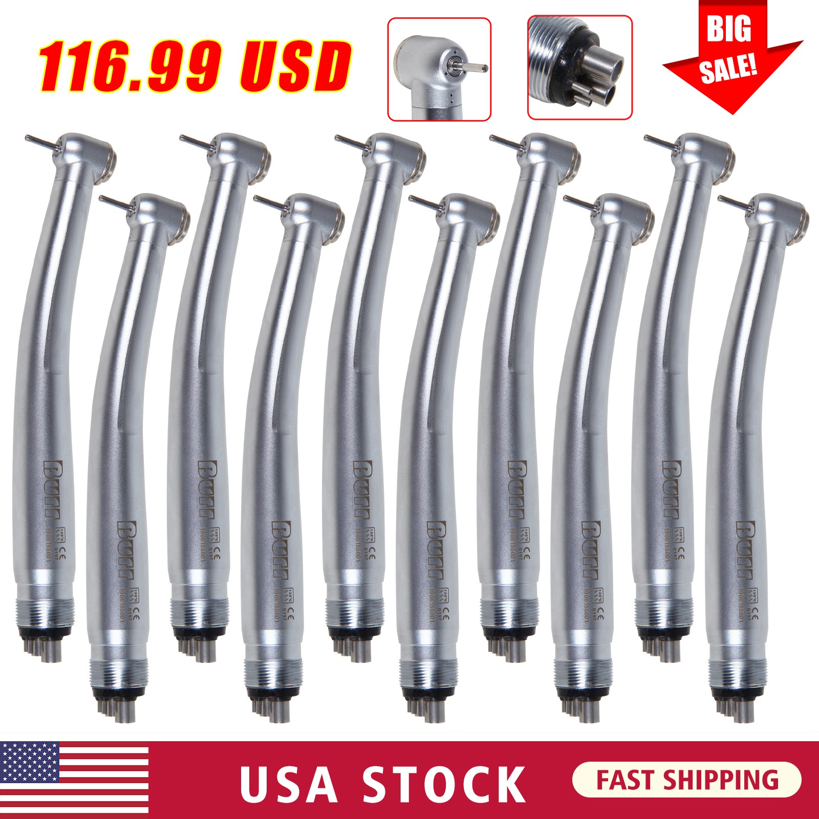 USA Sale! 10pcs NSK Style Dental High Speed Handpiece Push 4Hole Burr U3BM