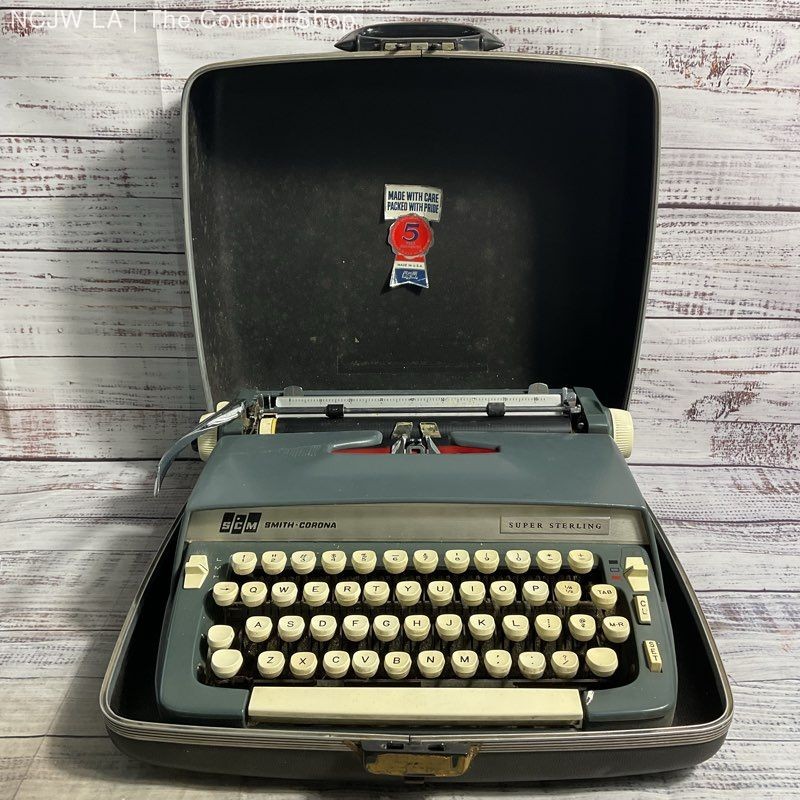 Vintage Smith Corona Super Sterling Portable Blue Typewriter w/ Black Case