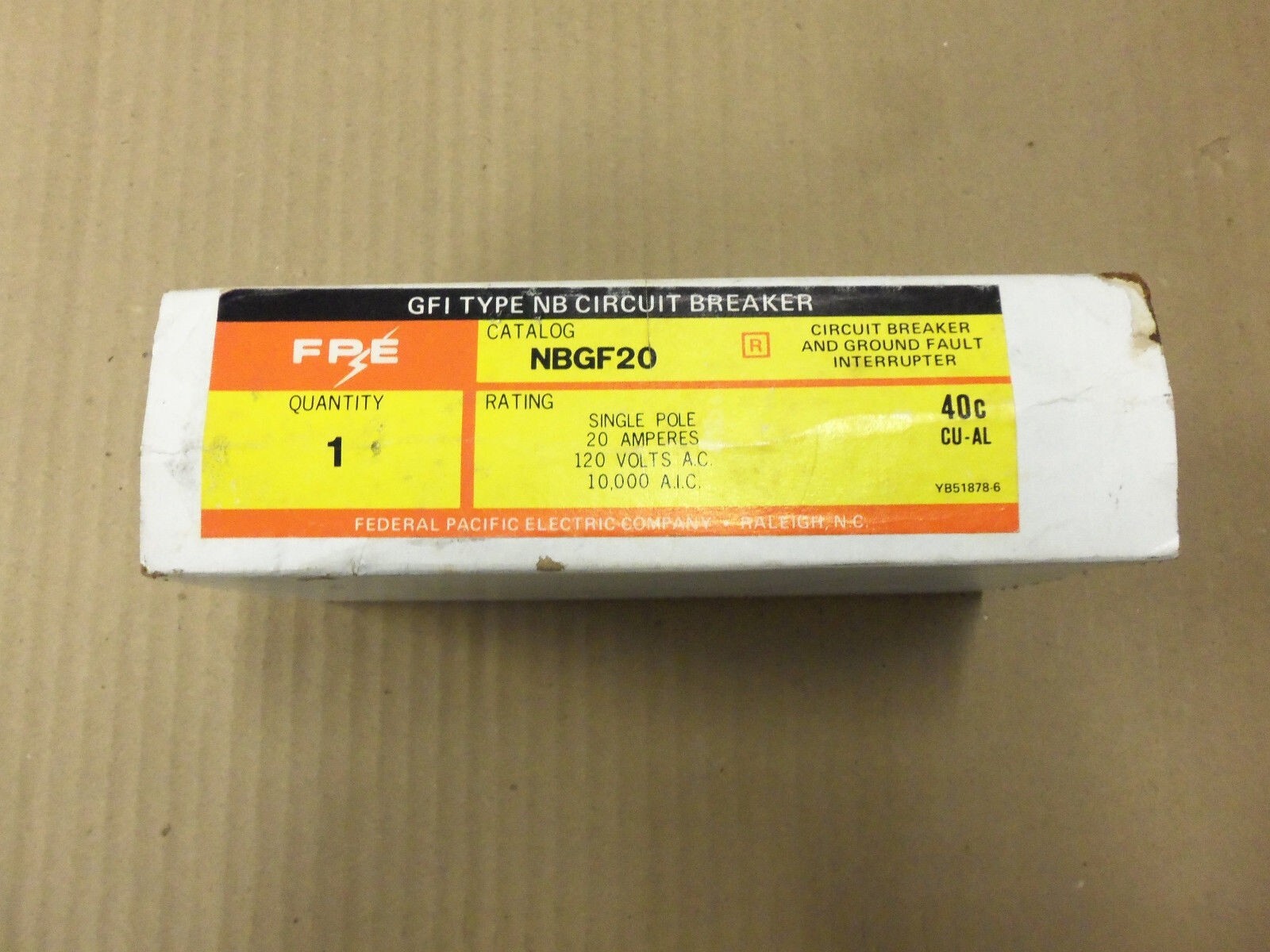 FPE FEDERAL PACIFIC ELECTRIC NB NBGF20 1 POLE 20 AMP GFI CIRCUIT BREAKER NOB