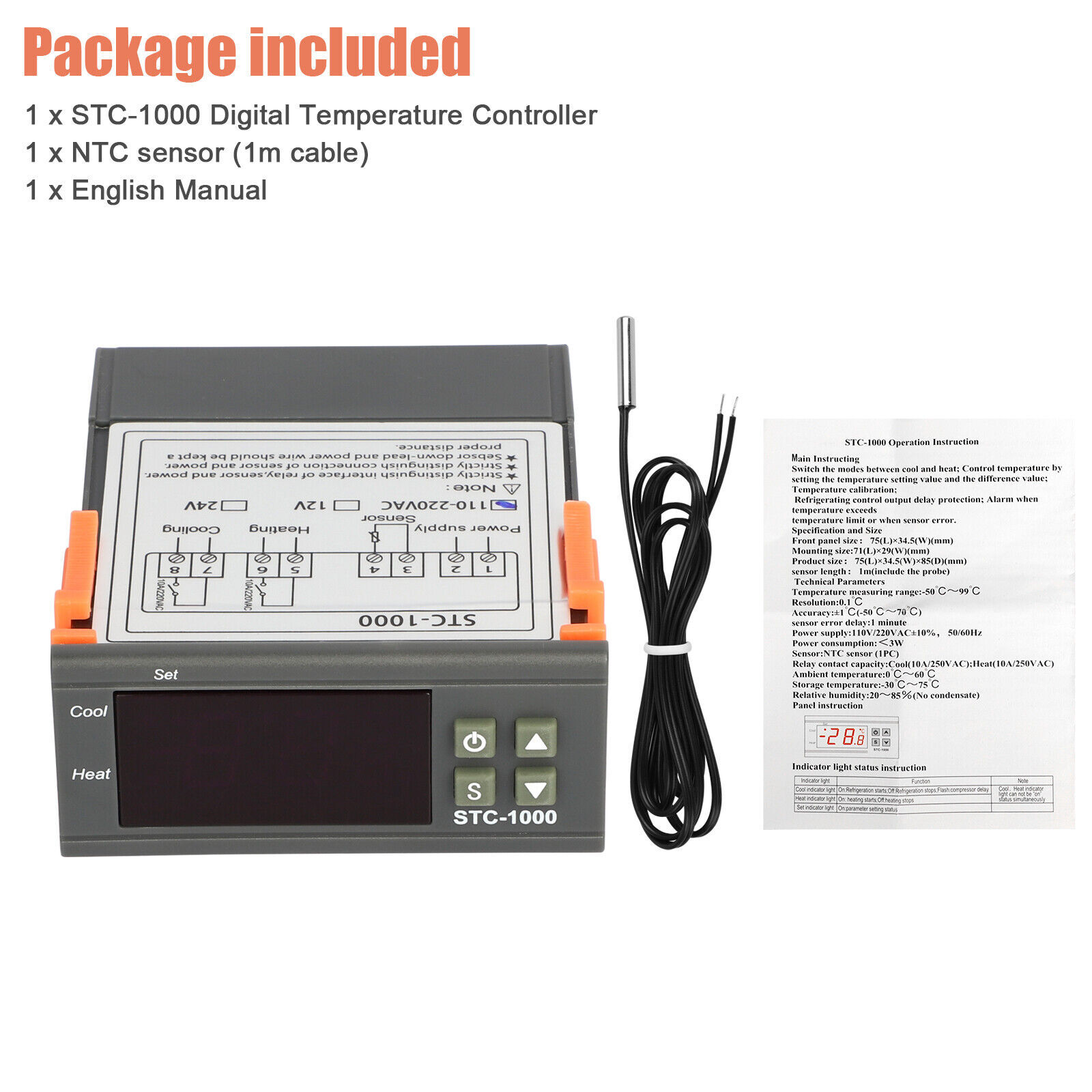 Digital Temperature Controller STC-1000 Thermostat w/ NTC Sensor AC 110V 220V
