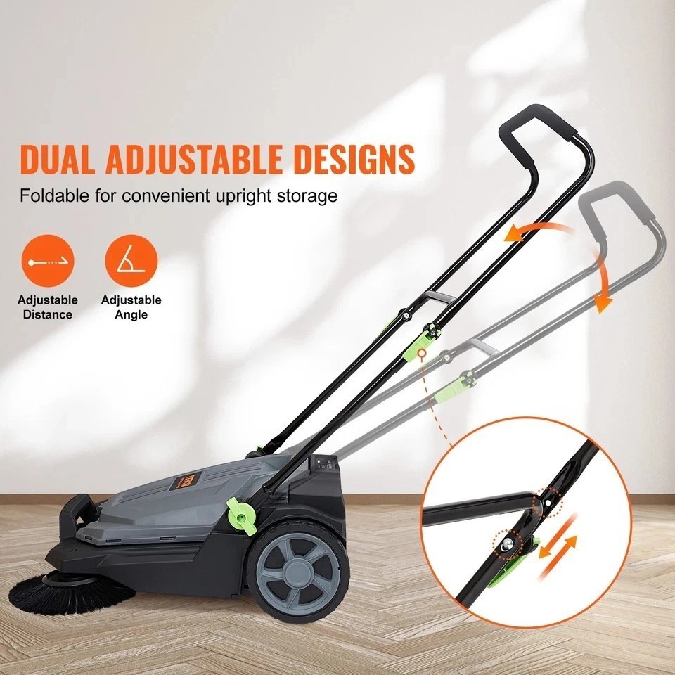 Walk-behind Hand Push Floor Sweeper 25.6″ Width 5 Gallon Waste Container