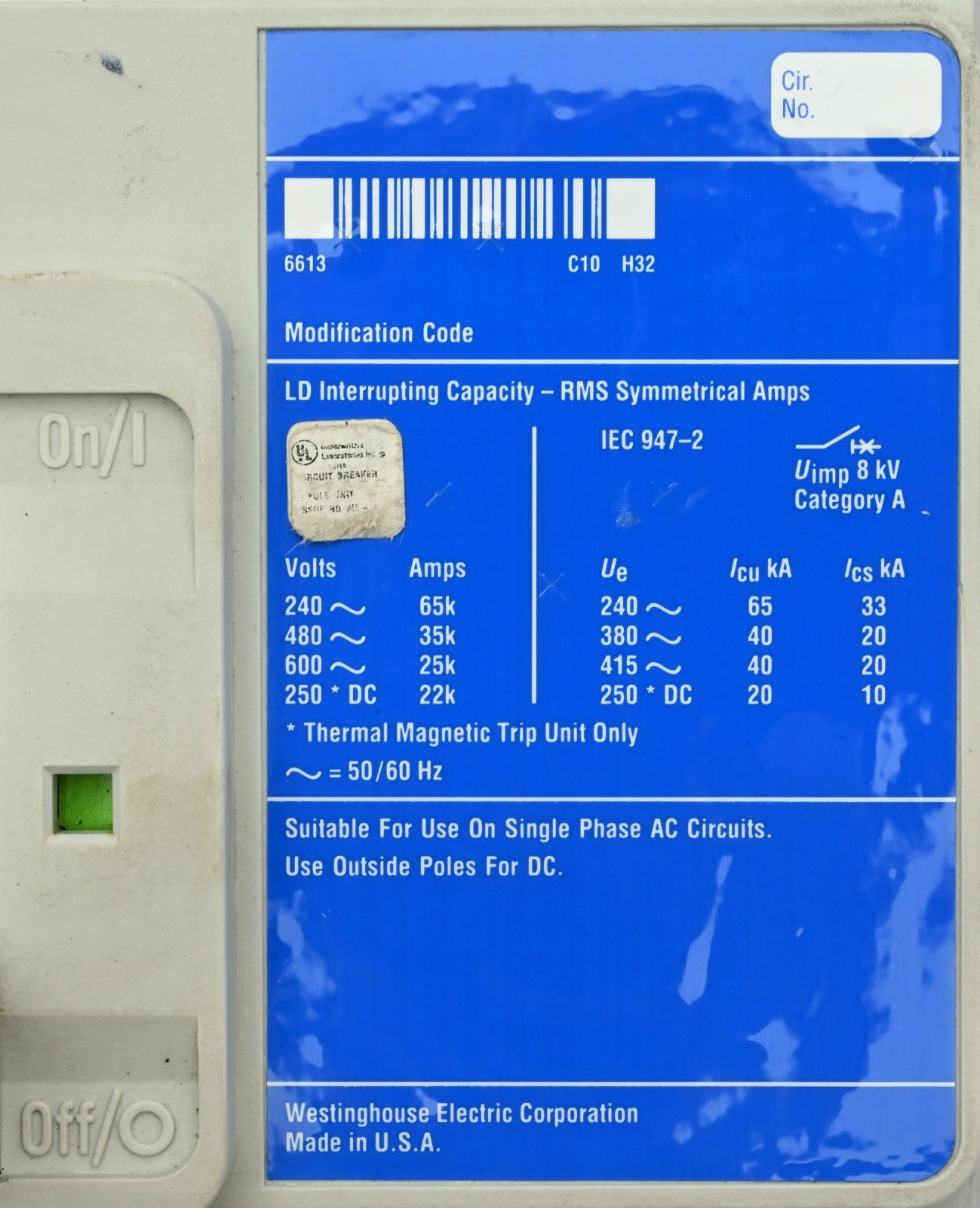 Westinghouse LD3600F Industrial Circuit Breaker 6633C81G03 600A 600VAC/250VDC 3P