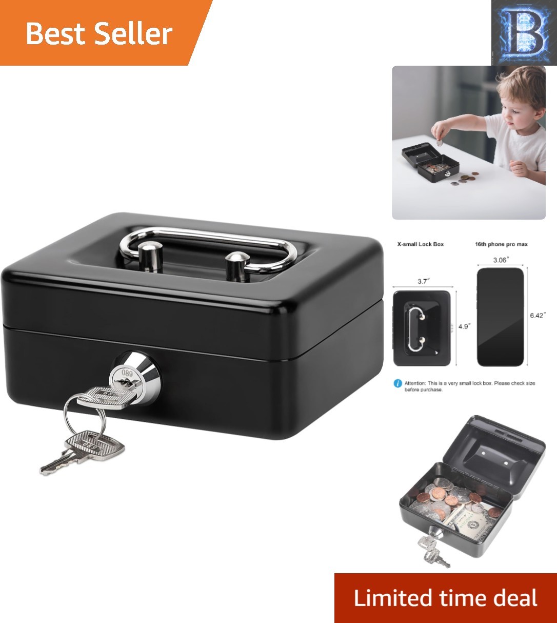Chic Black Cash Box with Key Lock – Essential for Teens & Adults – 4.92” x 3.94”