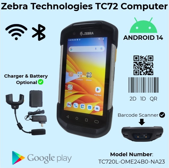 Zebra TC72 Android 14 Mobile Scanner 4GB/32GB Barcode TC720L-0ME24B0-NA3