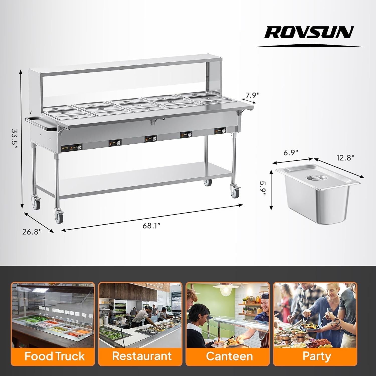 ROVSUN 120QT Electric Commercial Food Warmer 2500W, 15-Pan Steam Table 8QT/Pan