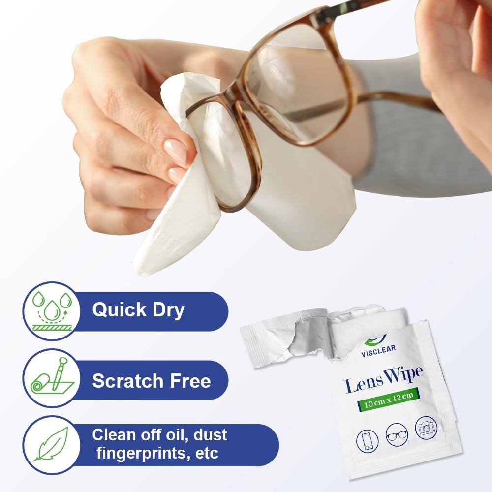 VisClear Lens Wipes for Eyeglasses, 1 Count (Pack of 100), White pulp paper