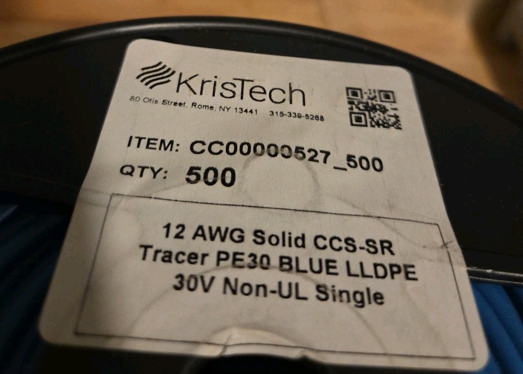 KrisTech 12 AWG Solid Copper Clad Steel CCS-SR PE30 Blue LLDPE Tracer Wire 500ft