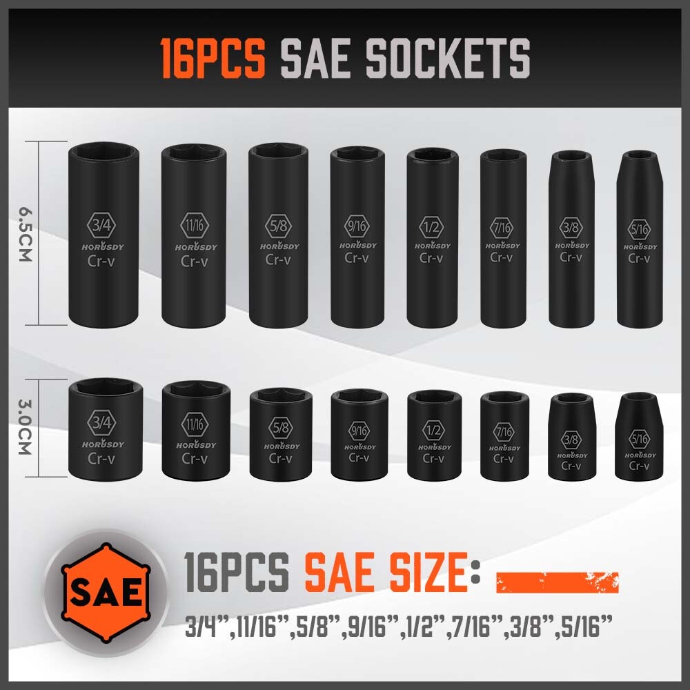 50PCS Impact Socket 3/8″ DR Shallow & Deep SAE & Metric w/ Carry Case