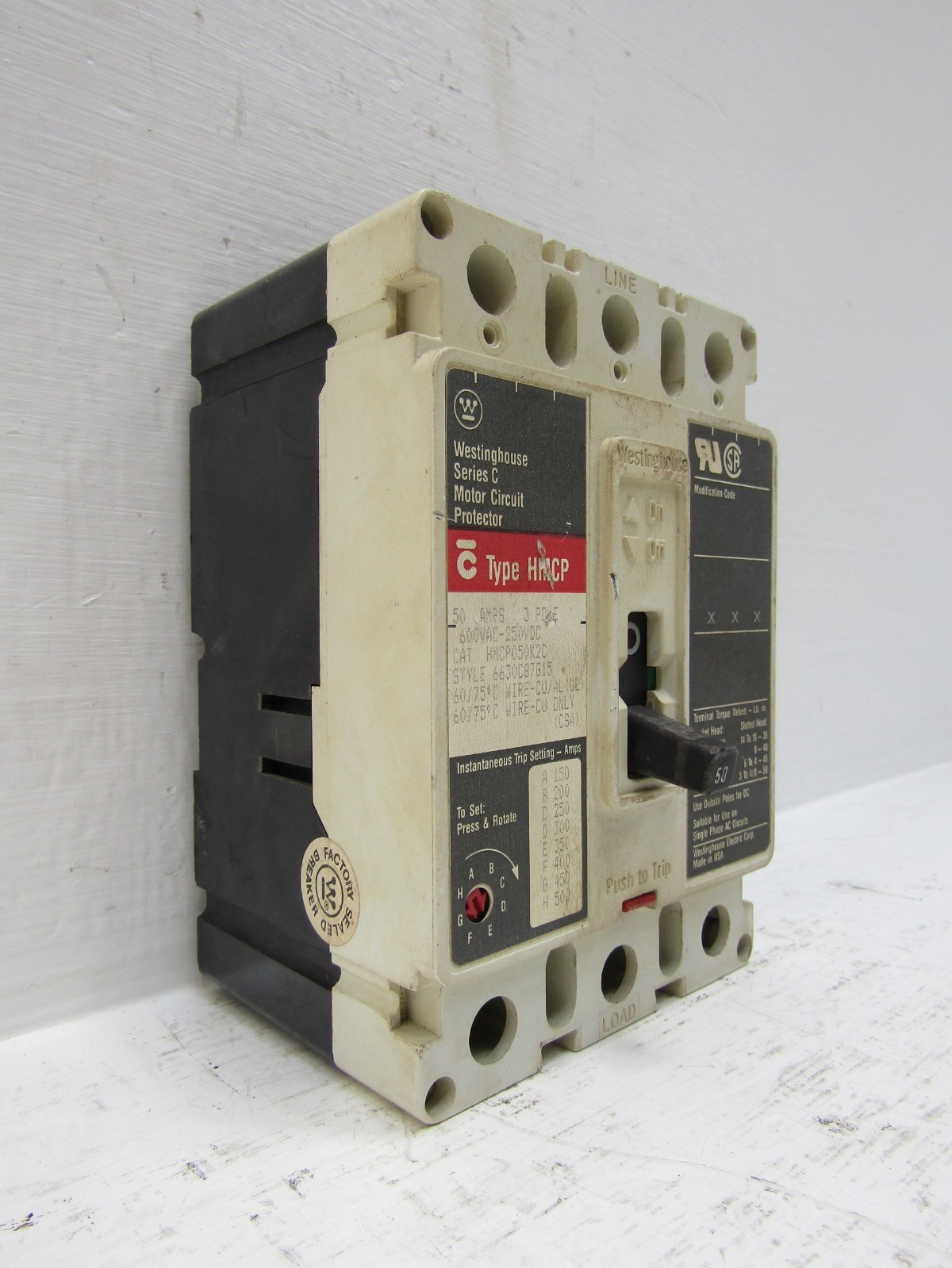 Westinghouse HMCP050K2C 50 Amp 600V 3-Pole Circuit Breaker 50A HMCP Series C