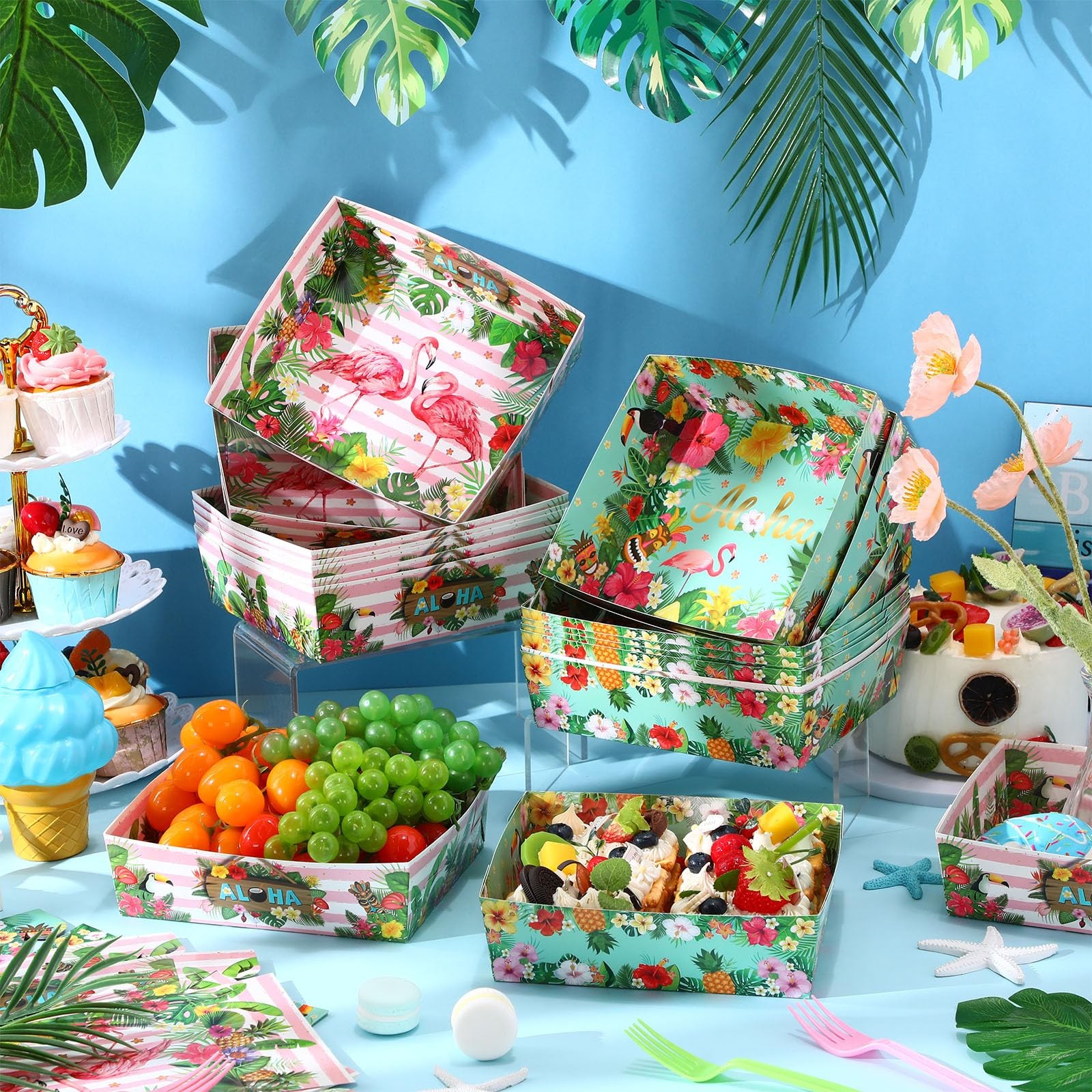 36 Pcs Hawaii Aloha Tropical Party Paper Trays 5lb Large Disposable Hawaiian …