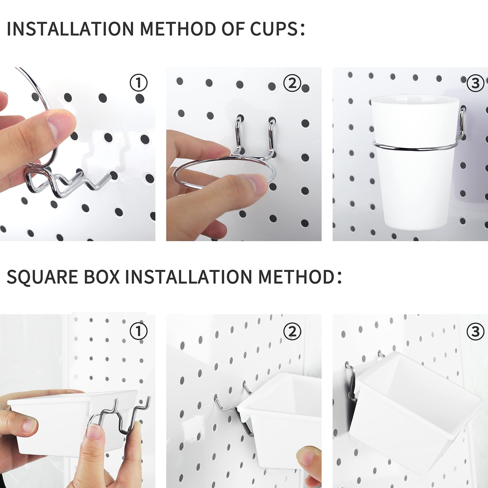 6 PCS White Pegboard Bins Cups With Hooks Loops Accessory Storage Organizer