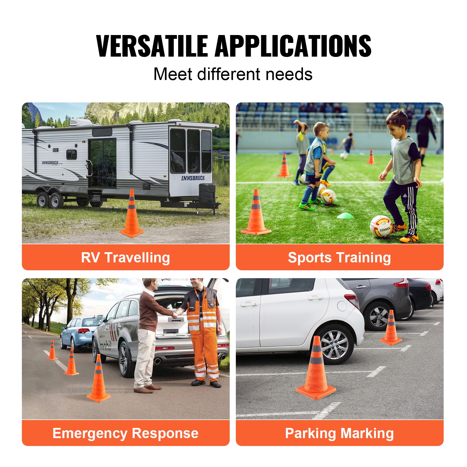 VEVOR Safety Cones 4 pcs 28″ Collapsible Traffic Cones with Reflective Collars