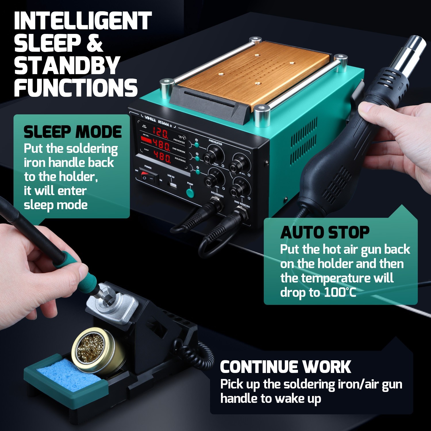 YIHUA 853AAA-II 3-in-1 Soldering Rework Station – Hot Air, Preheater Desoldering