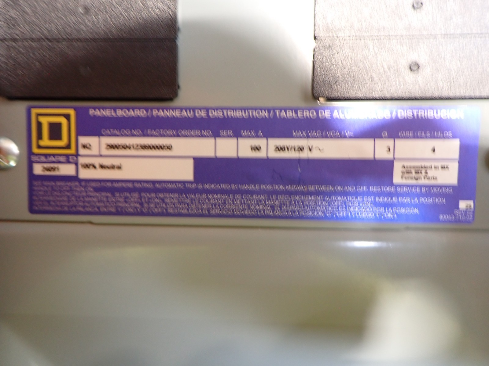 New Surplus SQUARE D NQ 100 amp MLO 208v 3 Phase Panel 42 Circuit NC38SHR P1827