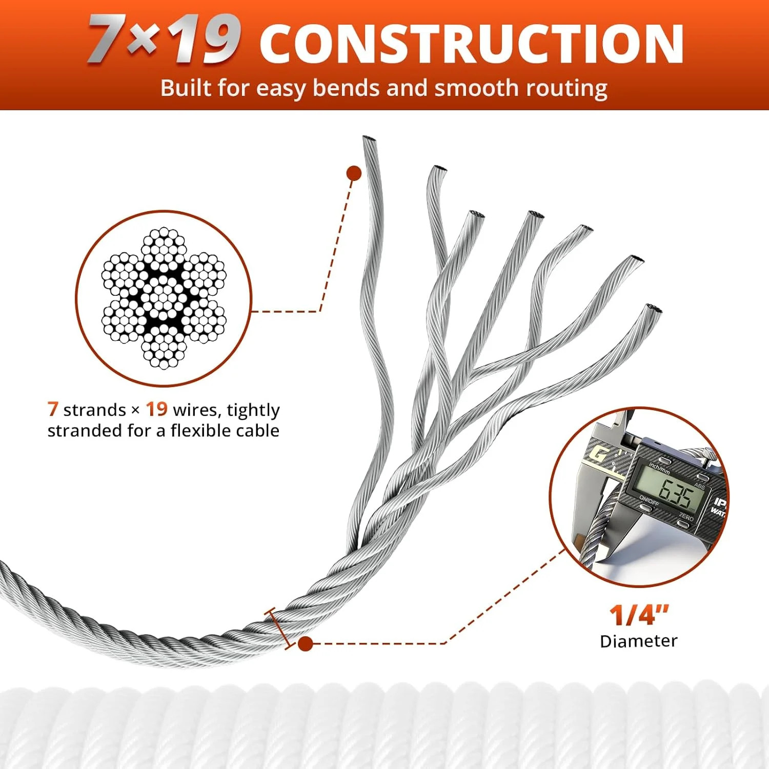 200FT 1/4″ Thickened Stainless Steel Cable Wire Rope, 7×19 Strand Aircraft Cable