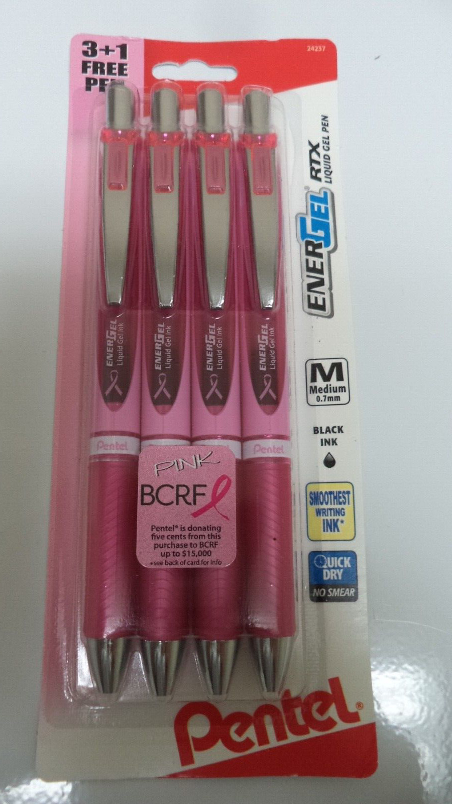 4 Pentel EnerGel RTX Gel PINK PEN MEDIUM 0.7mm BLACK Ink LIQUID BCRF CANCER 4