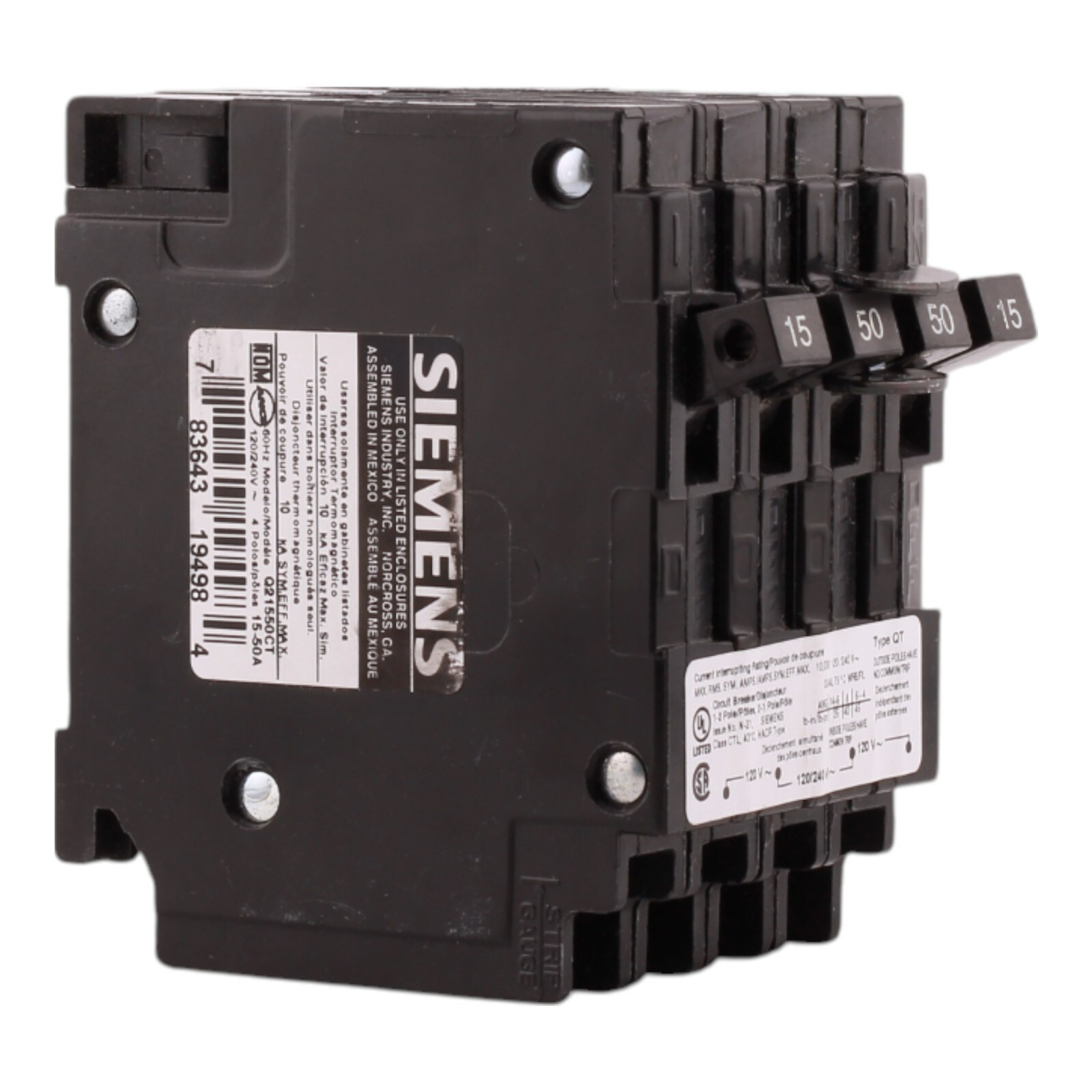 NEW Siemens Q21550CT2 Circuit Breaker 15/50 amps Standard 4-Pole, Type QT