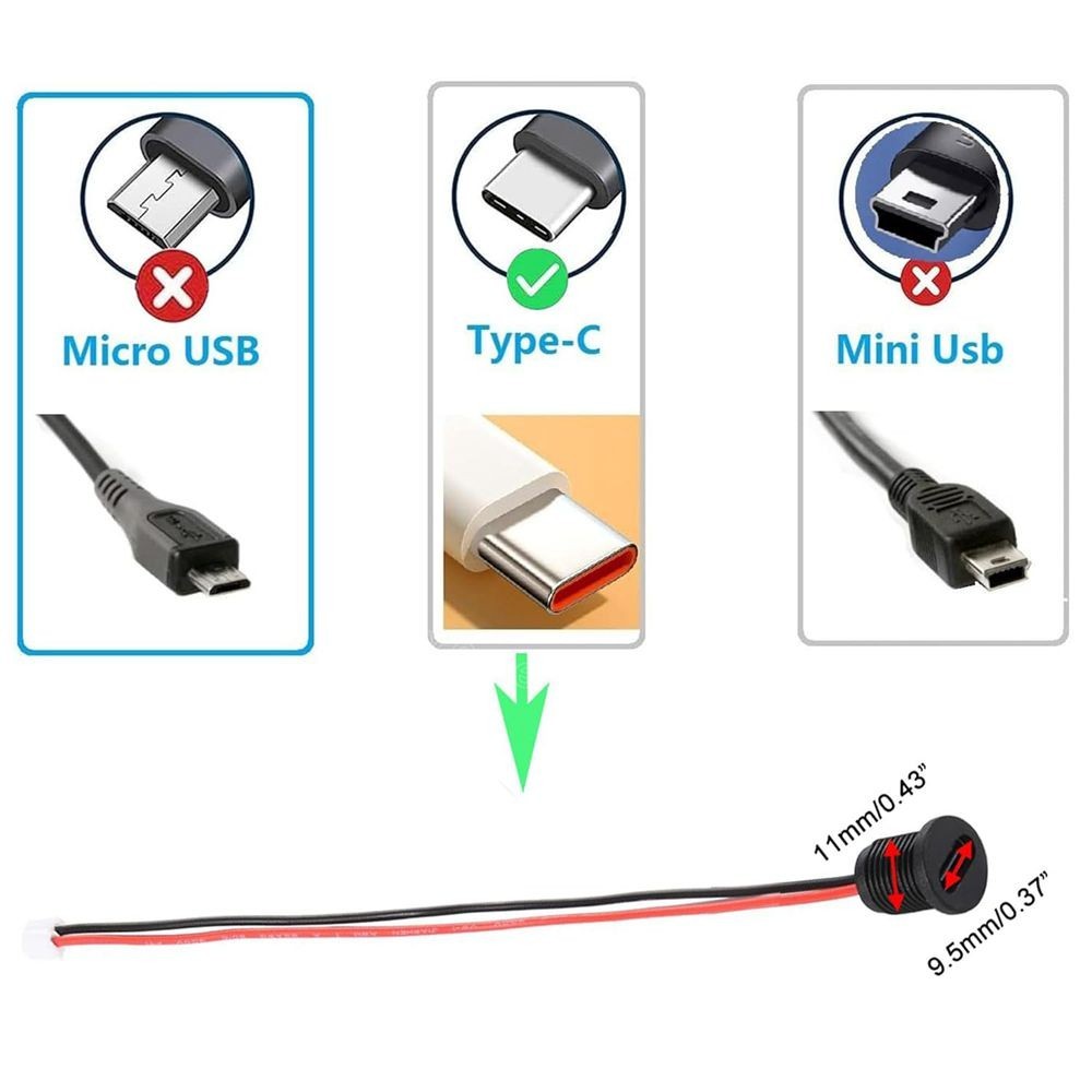 10x Type-C Female Chassis 2 Pin Wire Waterproof USB C Pigtail Cable Socket C605