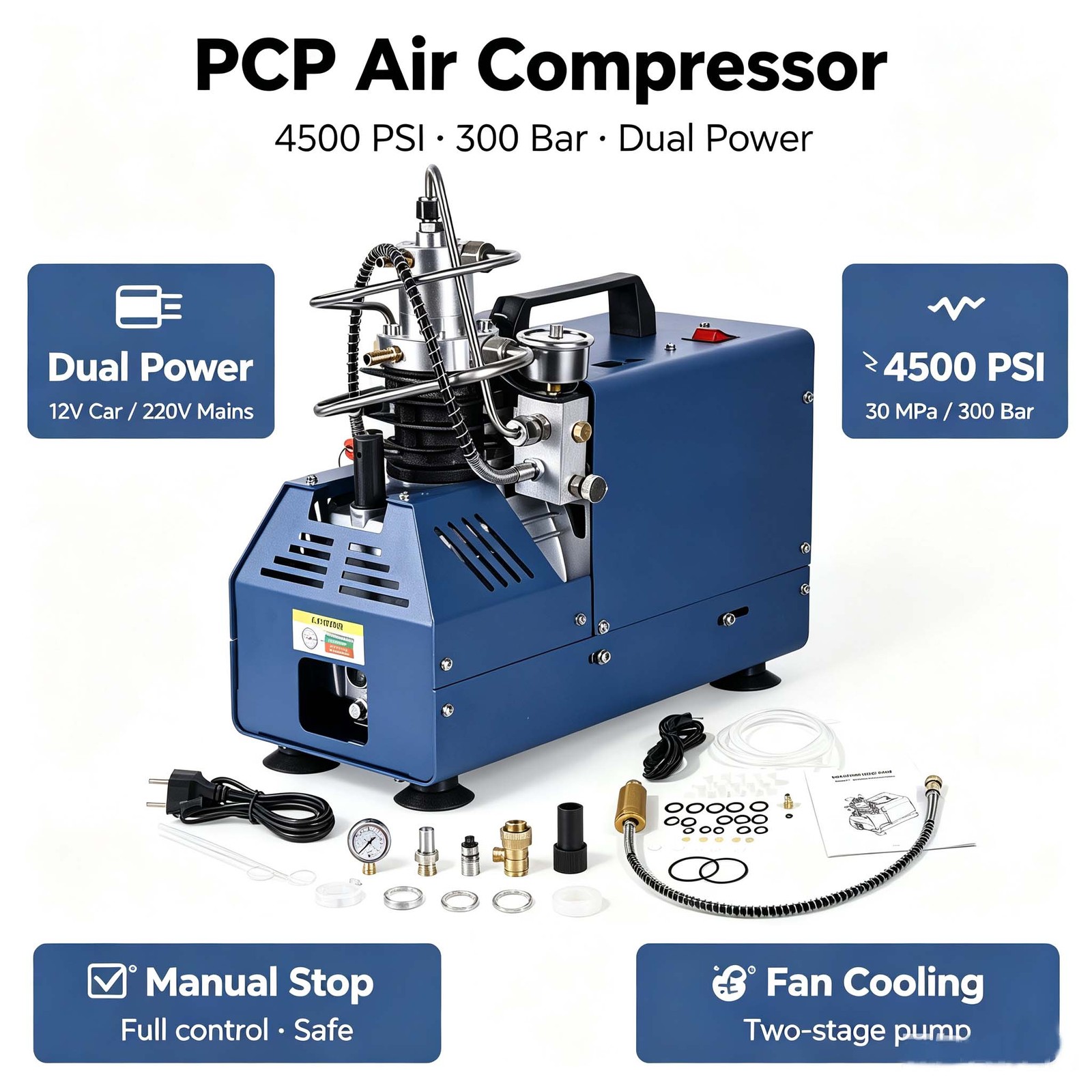 PCP Air Compressor 30Mpa/4500Psi Auto-Stop High Pressure Airgun Pump Diving Tank