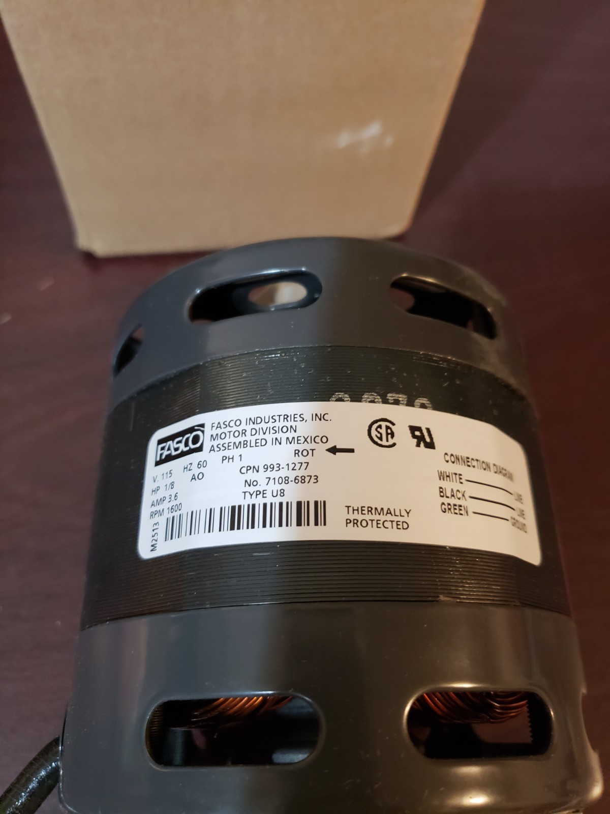 Fasco 993-1277, eMotorteK, 1/8 Hp, 1550 Rpm, 115 Volts, 7108-6873, Ball, NEW