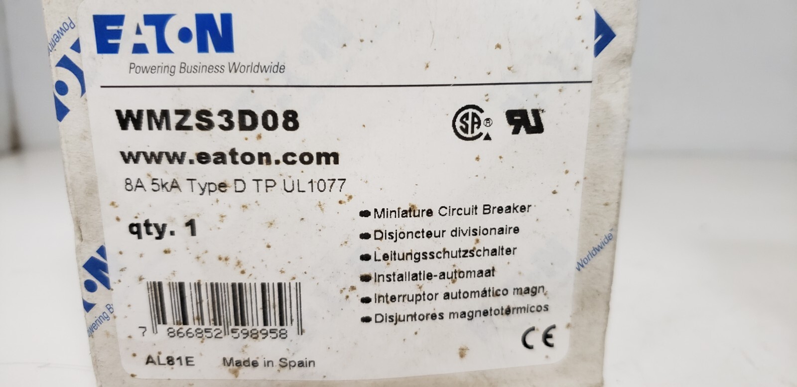 EATON WMZS3D08 (FAZ-D8-3) CIRCUIT BREAKER, 3P, 8A, 277/480VAC, 5kA, TYPE D, NIB