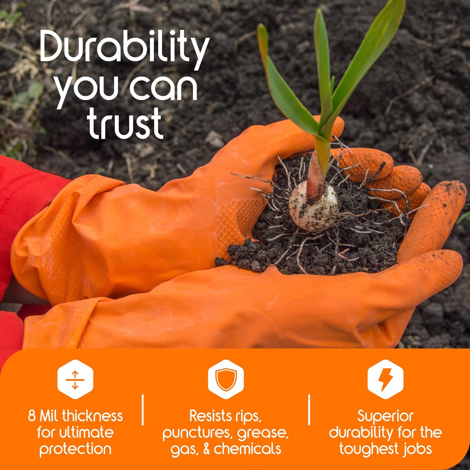 Heavy Duty Orange Nitrile Gloves | 8 Mil Diamond Textured Grip | Industrial Clea