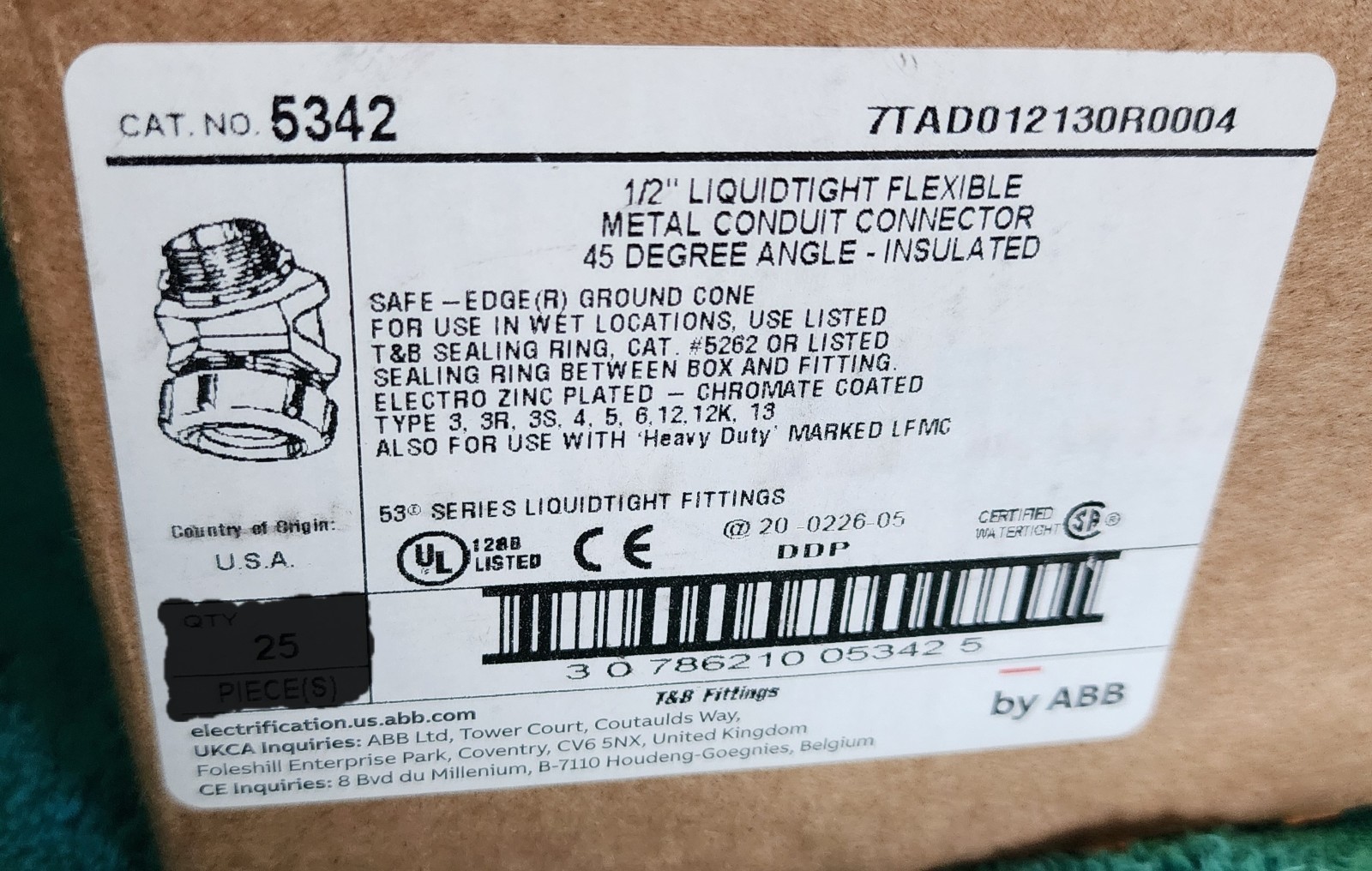 NEW LOT OF 4 THOMAS & BETTS 5342 LIQUIDTIGHT 45° CONDUIT ELBOW 1/2″ CONNECTOR