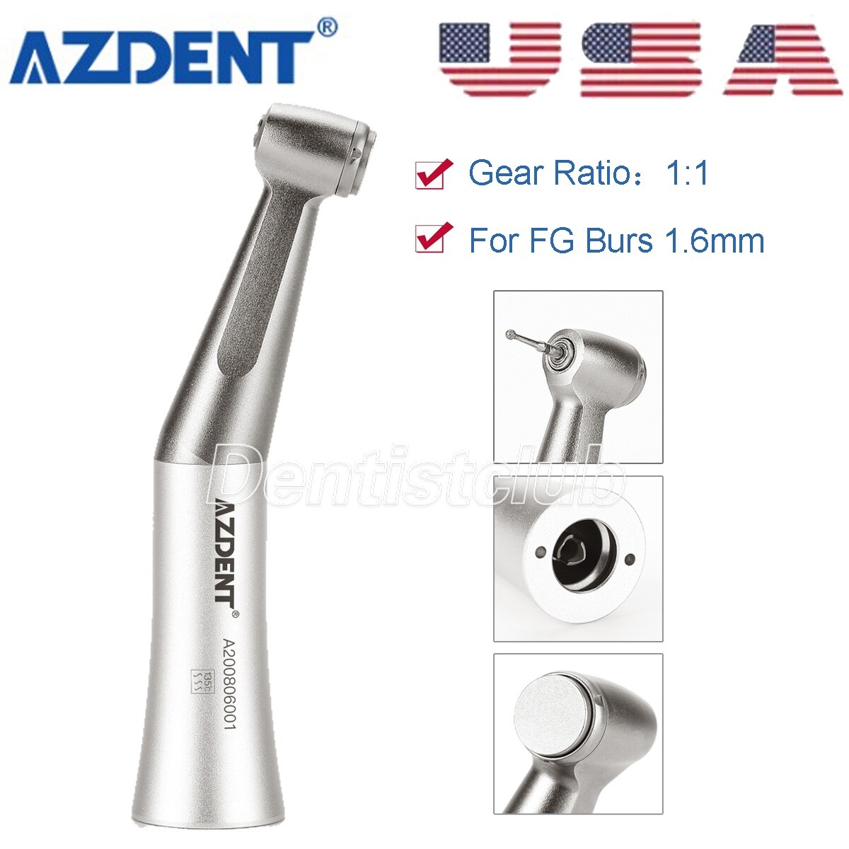 AZDENT Dental Contra Angle Low Speed Handpiece 1:1 Direct Drive 1.6mm FG Burs
