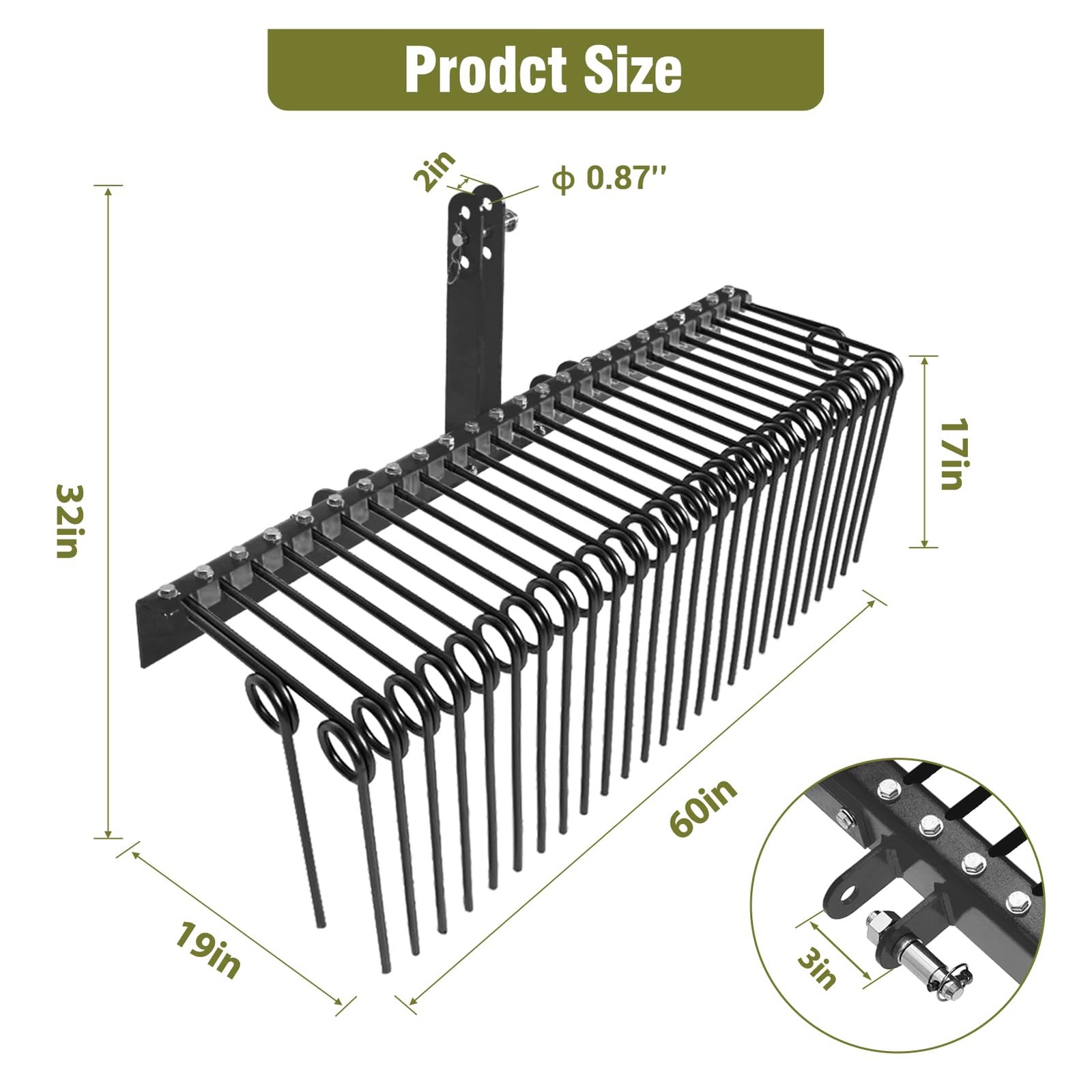 3 Point 60″ Pine Straw Rake Landscape Rake for Cat0 & Cat1 Tractor Attachment