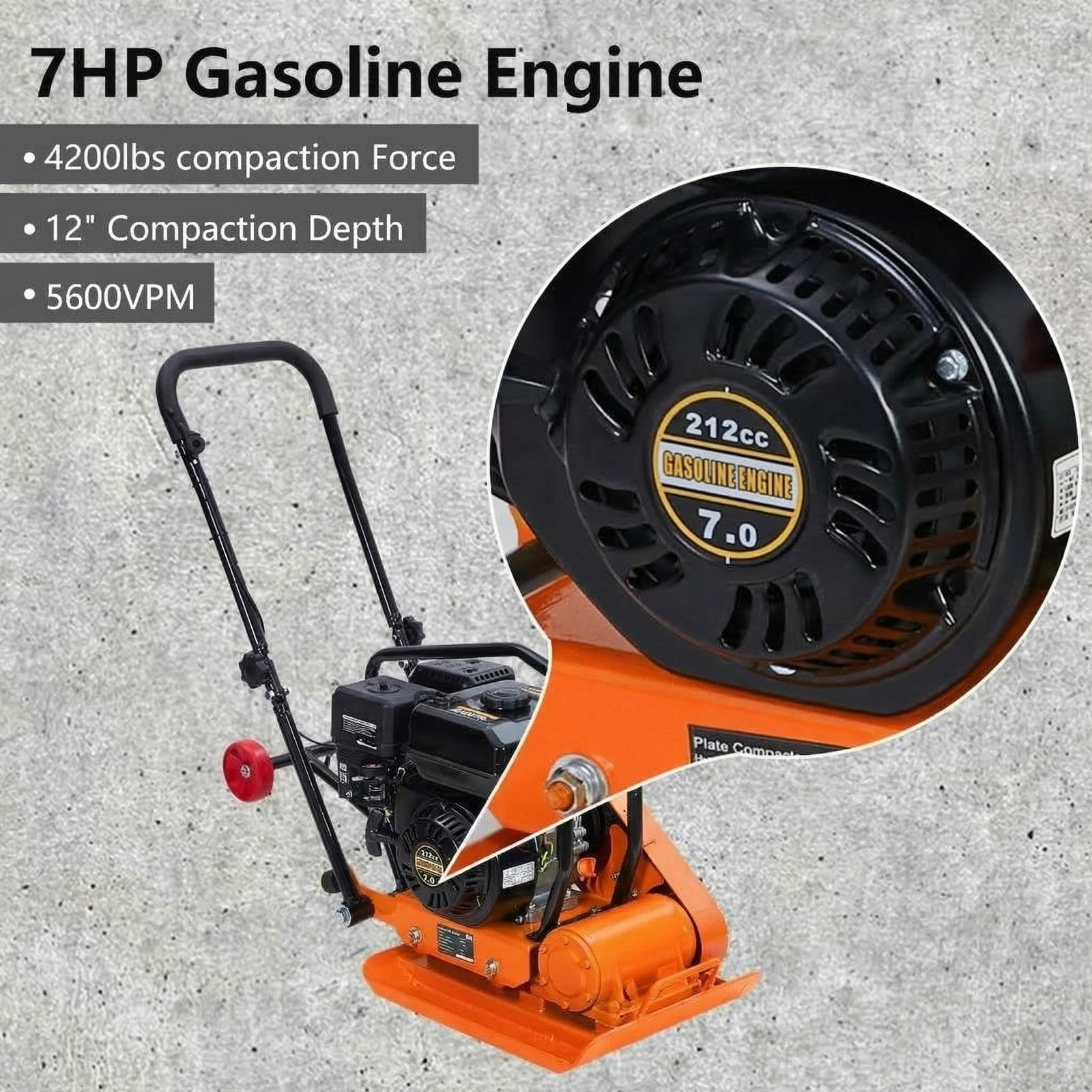 7HP Plate Compactor 5600VPM 4200lbs Vibrating Ground Rammer for Asphalt Ground