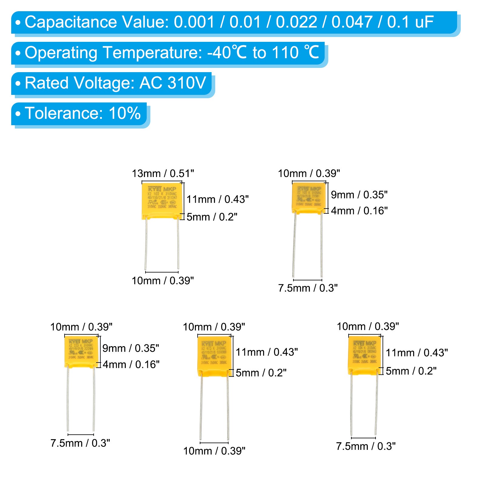 1Set/50Pcs 0.001/0.01/0.022/0.047/0.1uF Safety Capacitors