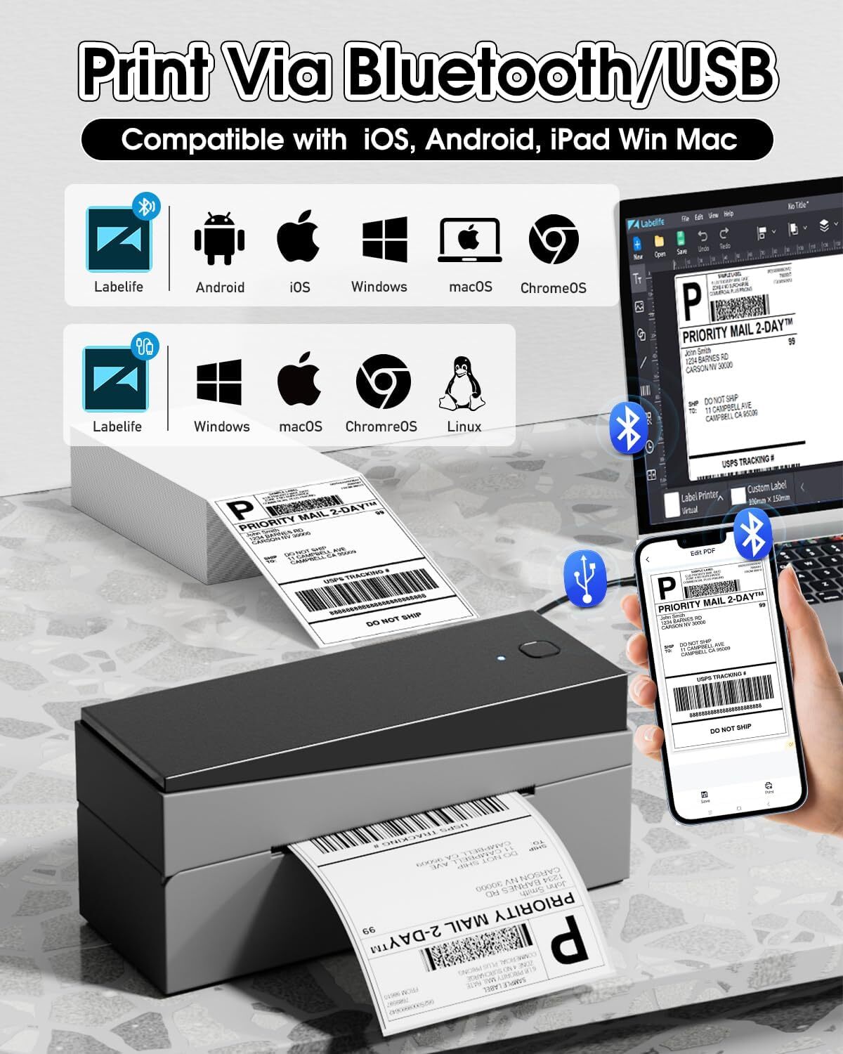 Phomemo PM-249BT Bluetooth Thermal Shipping Label Printer for USPS eBay Etsy