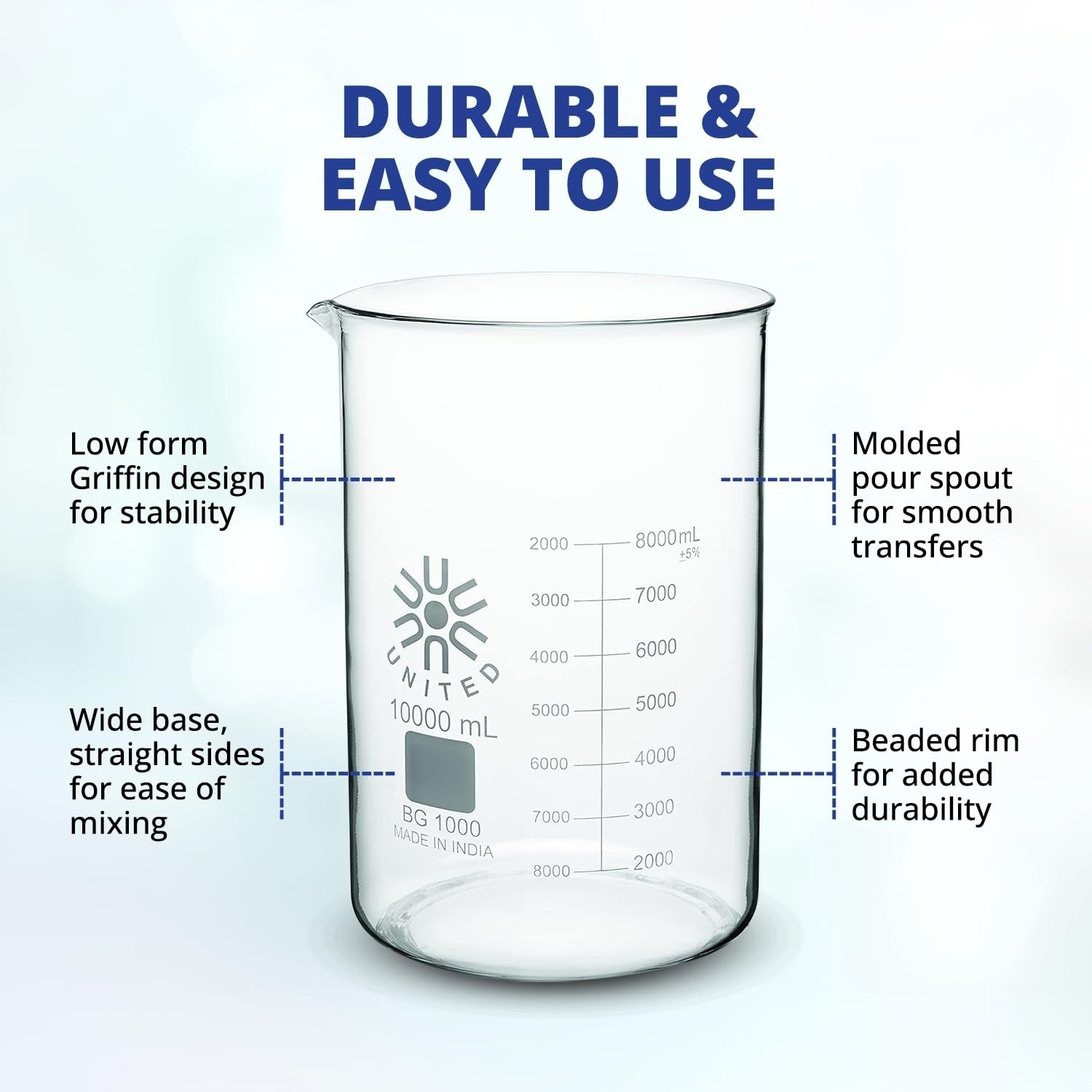 United Scientific Borosilicate Glass Beaker 1000ml Autoclavable