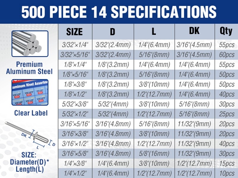 WORKPRO 500pc Aluminum Blind Rivets 14Size Pop Rivets Assortment Kit Case-Sliver