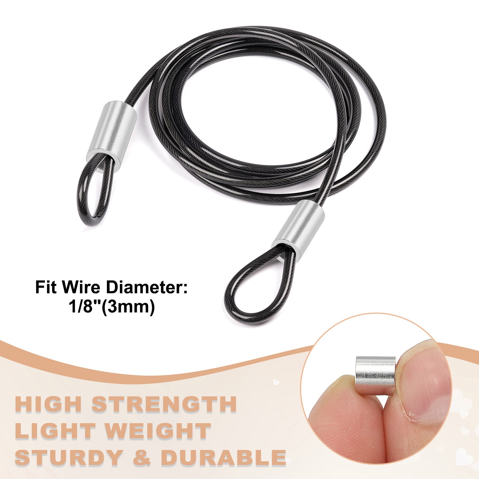100Pcs 1/8″(3mm) Aluminum Crimping Loop Sleeve Round Wire Rope Stop Silver