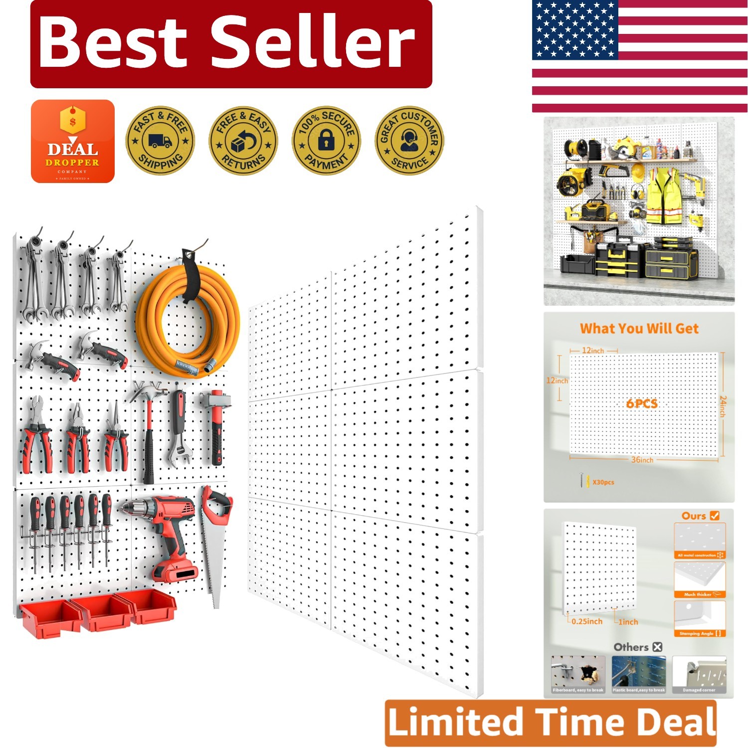 6PCS White Metal Pegboard – Perfect for Home, Garage, and Craft Storage