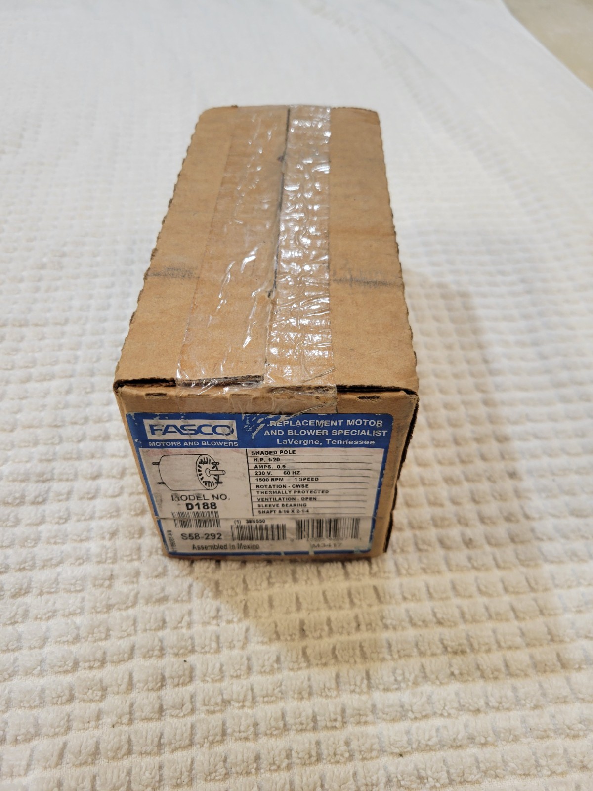 Fasco D188 Hvac Motor, 1/20 Hp, 1500 Rpm, 230V, 3.3 New in Box Free Shipping