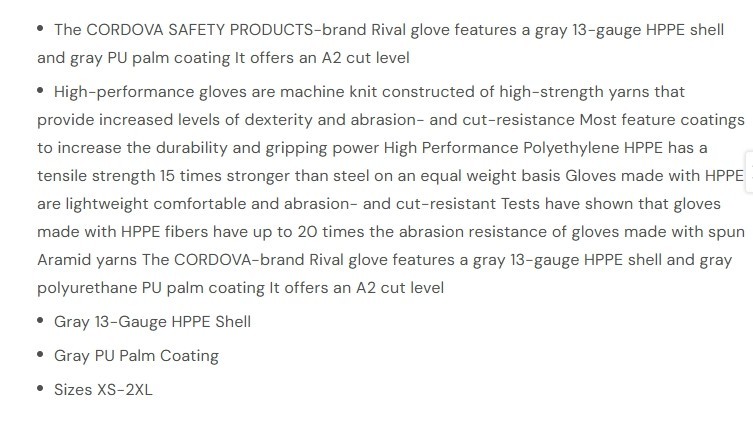 Cordova 3712GL Rival Light Gray 13-Gauge HPPE Shell Gloves 12pc A2 Industrial