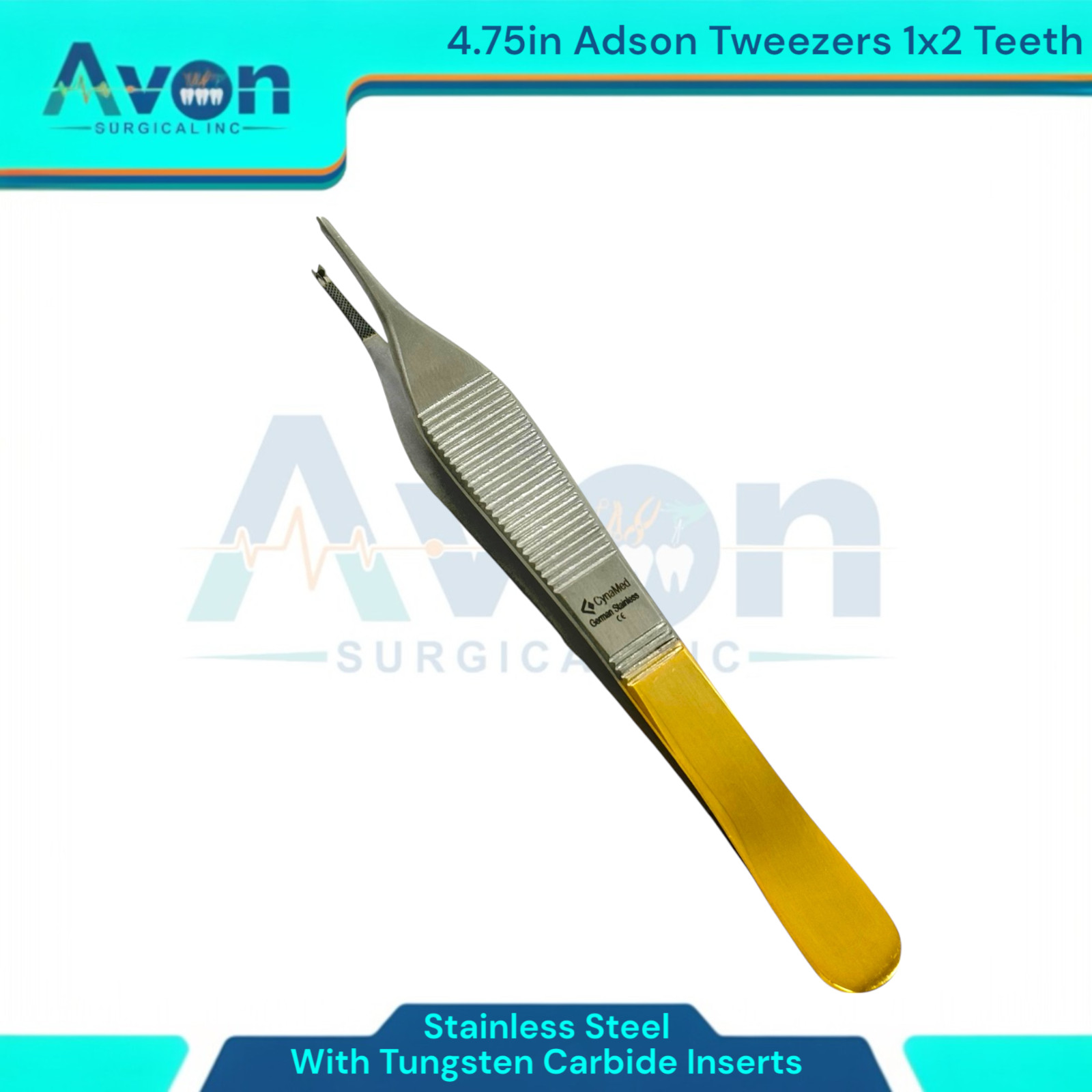 5pc – Adson Forceps with Tungsten Carbide Inserts, 1×2 Teeth, Straight, Premium