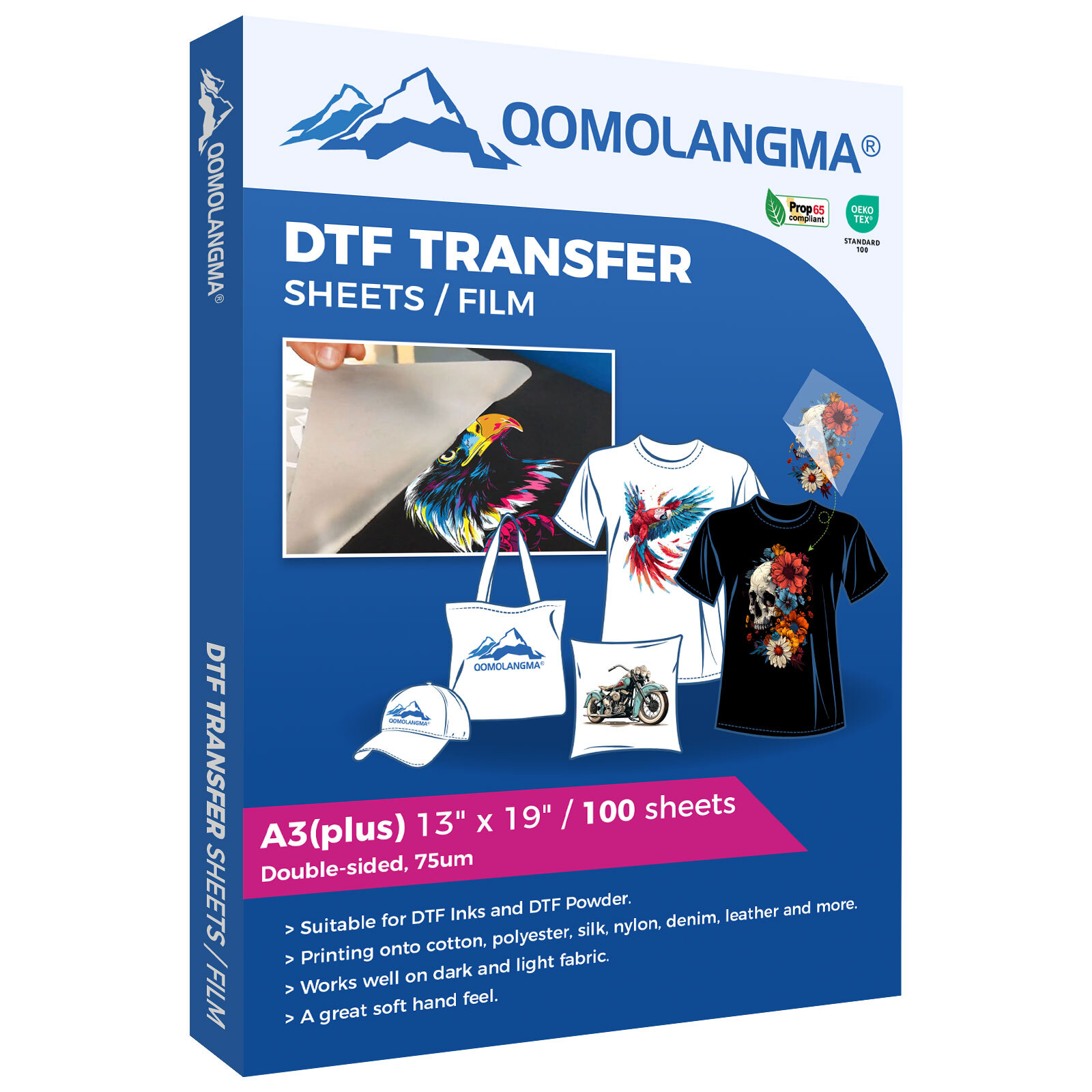 QOMOLANGMA 100 Sheets 13″ x 19″ DTF Transfer Film – Double Sided, Warm Peel