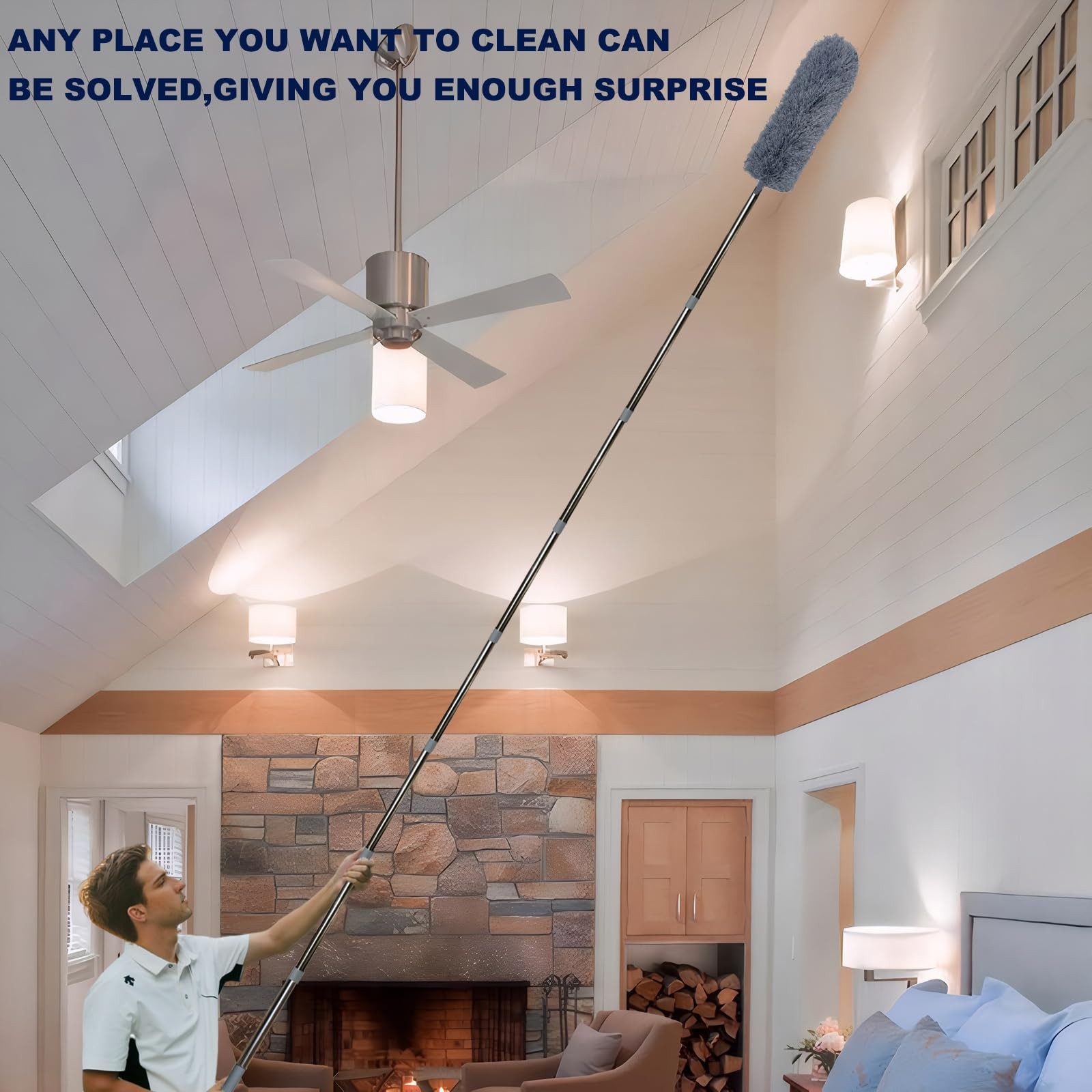 Tonmp 20 Ft High Reach Ceiling Fan Brush 3-14 Ft Spliceable Pole Microfiber